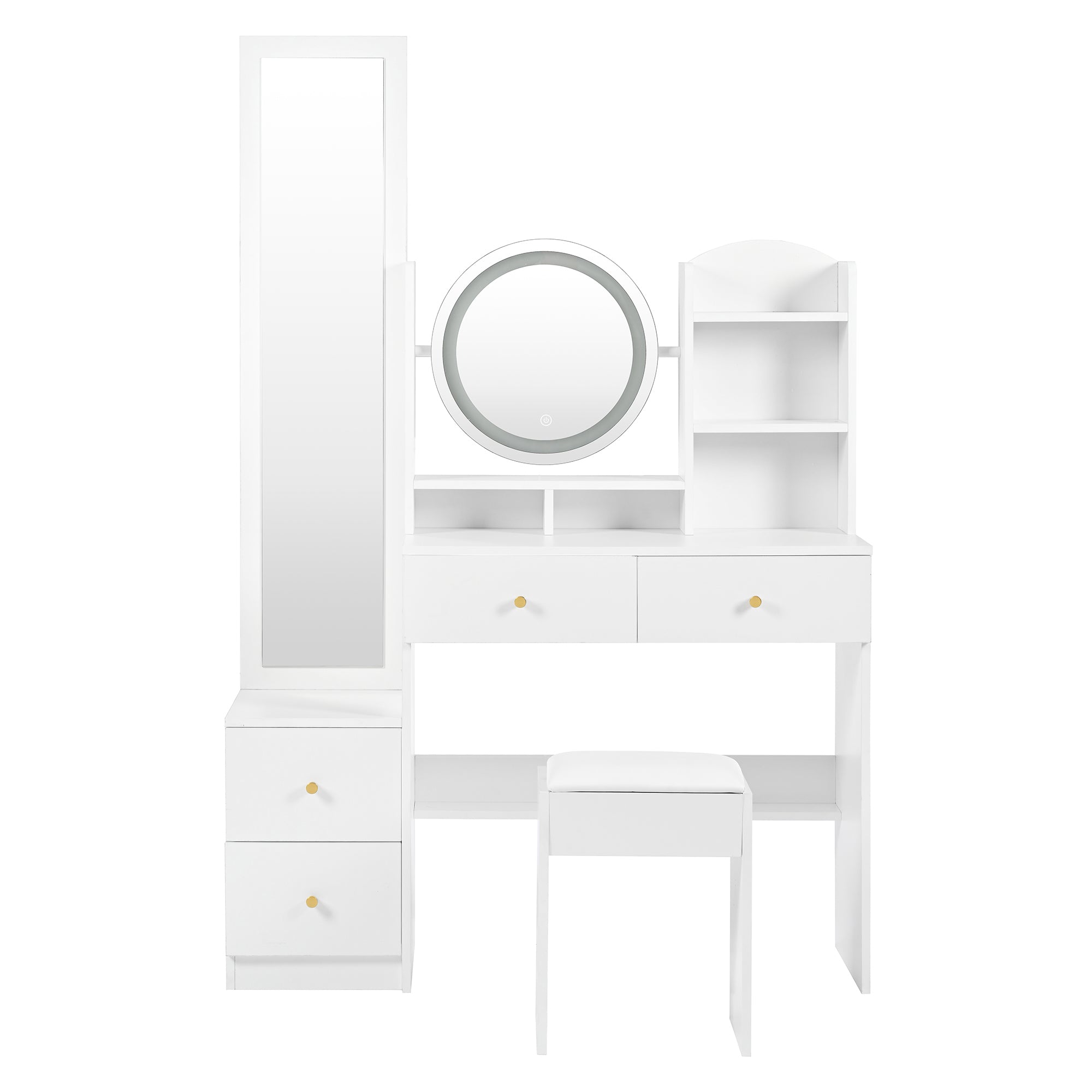 4-in-1 shoe cabinet makeup table with full-length mirror, 3-color led lighting, metal handle, white