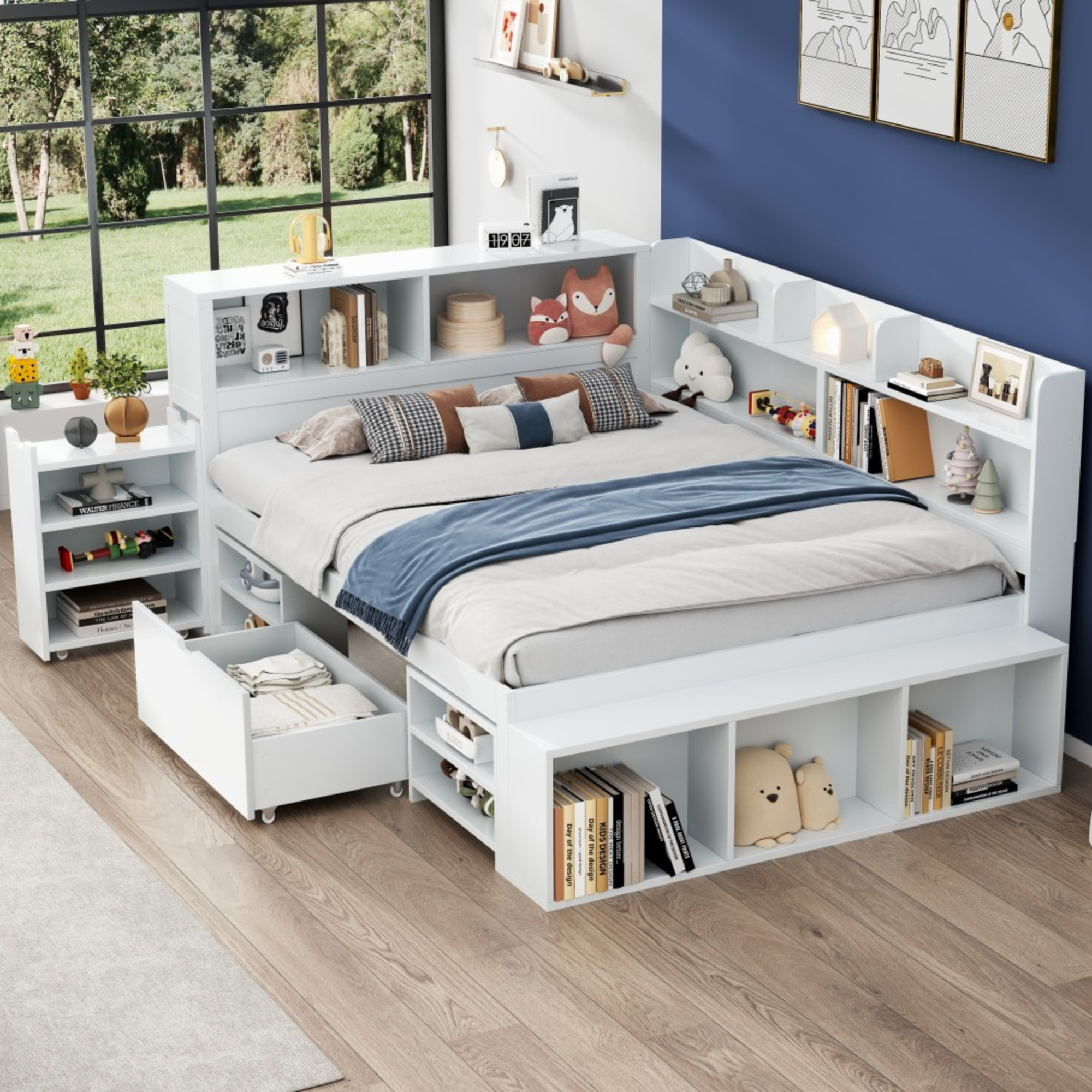 Children's Bed Double 4ft6 (135x190cm) with Drawers, Bookcase & Storage Cupboard, White