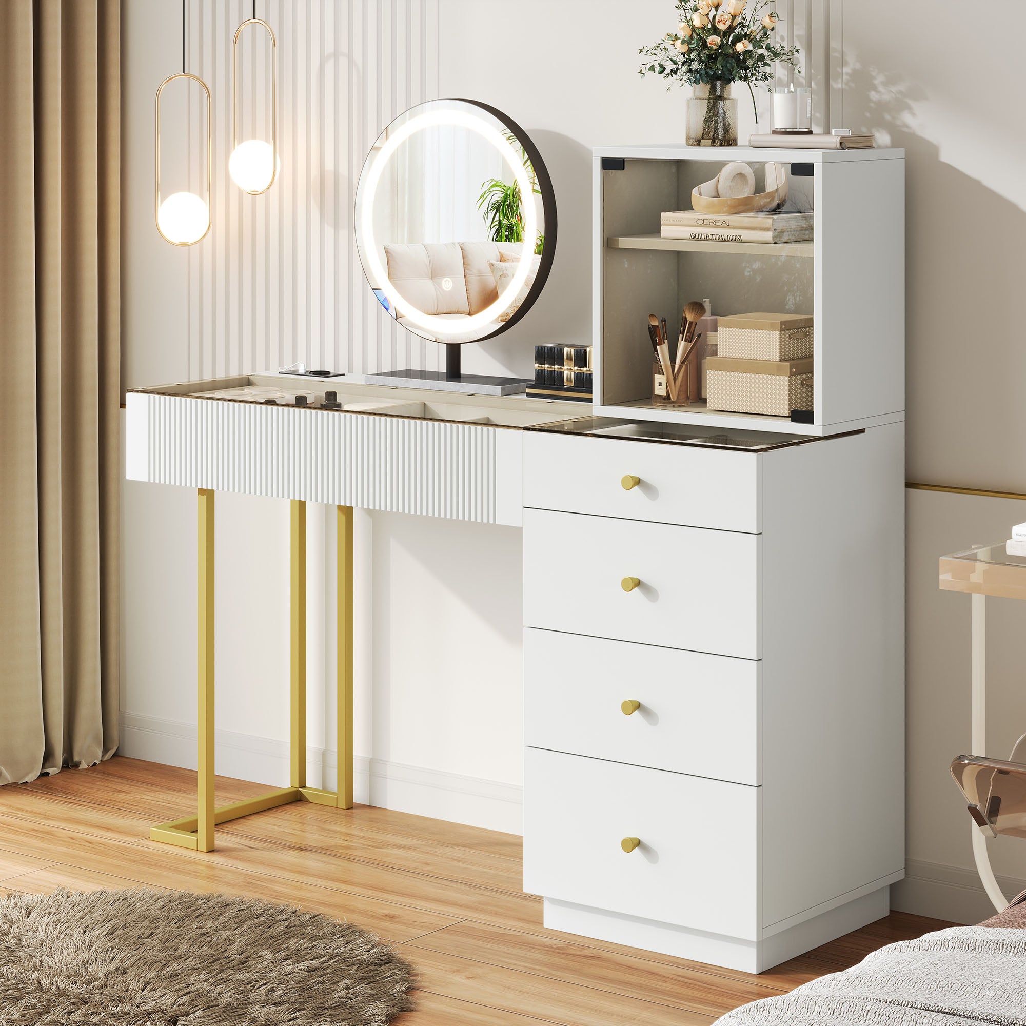 Dressing Table Set with LED Mirror and Glass Top, White