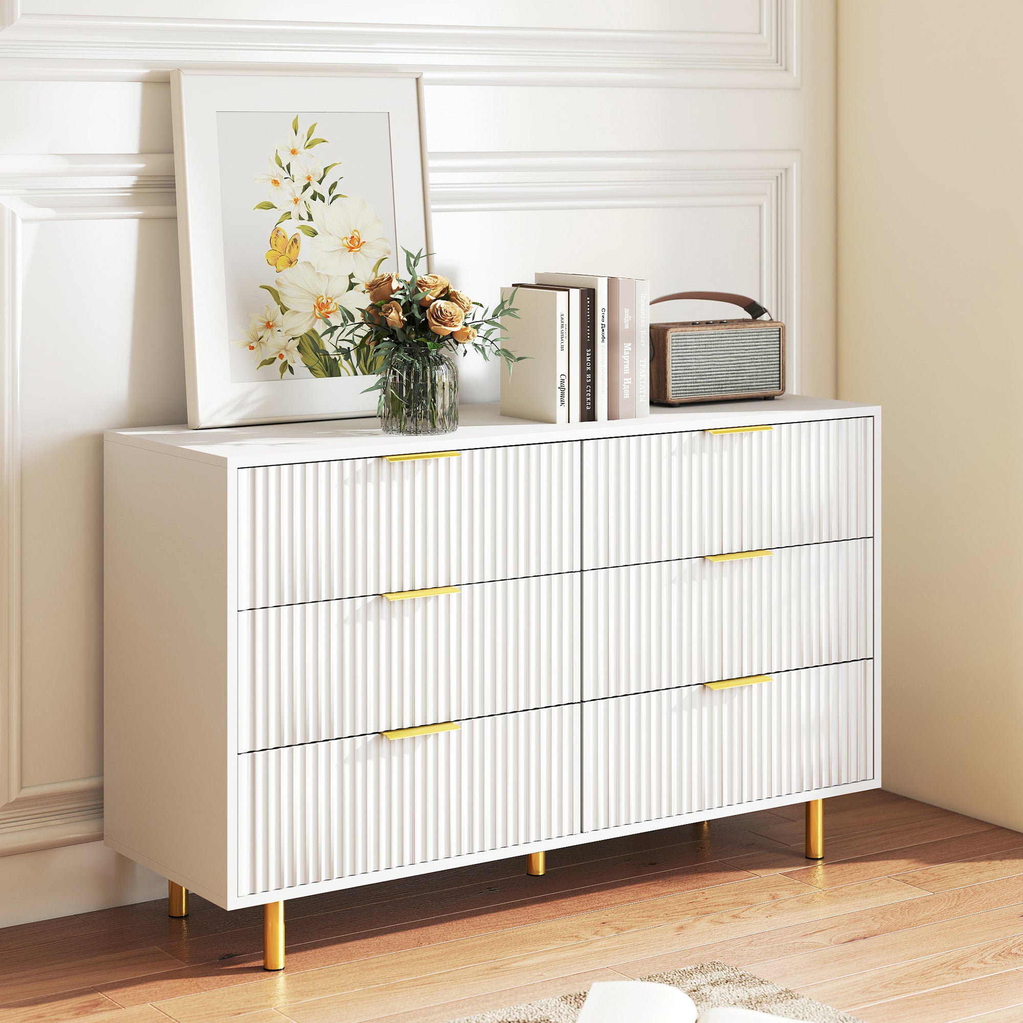 Chest of Drawers Sideboard with 6 Drawers and Modern Design, White and Gold