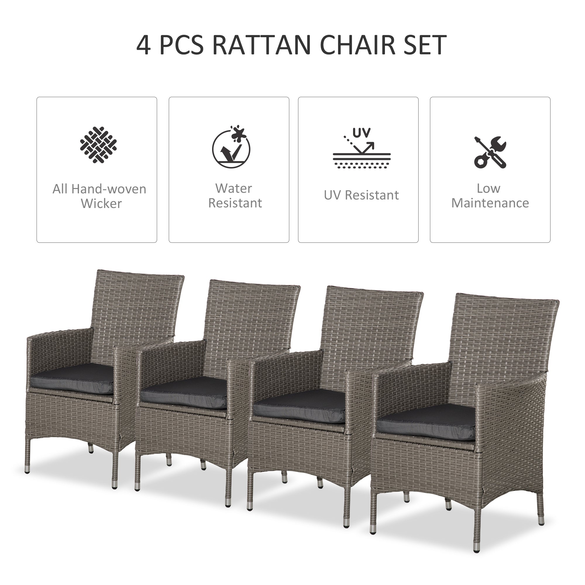 Rattan Armchairs, Set of Four with Cushions, Grey