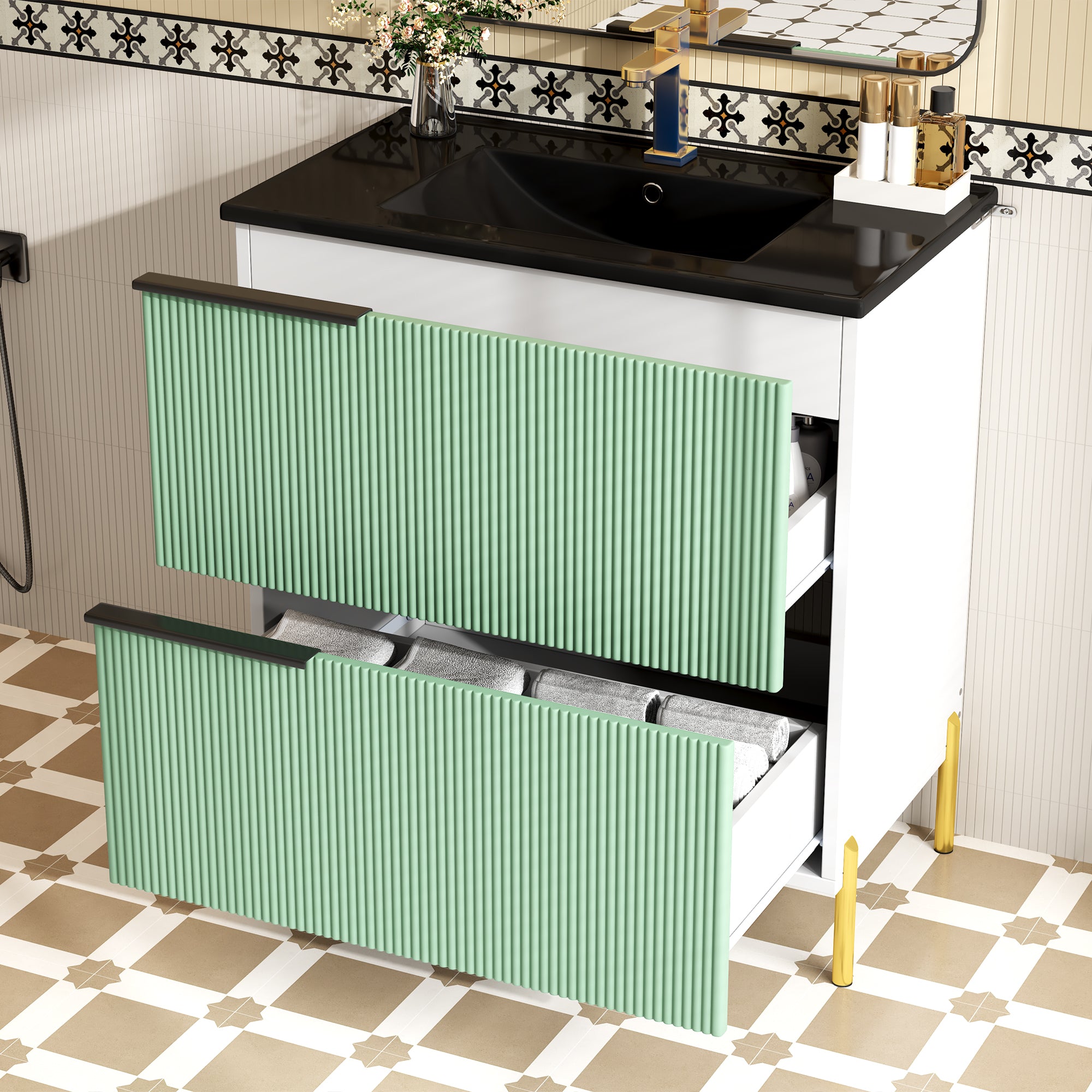 Bathroom Vanity Unit with Ceramic Sink and Storage Drawers, Green