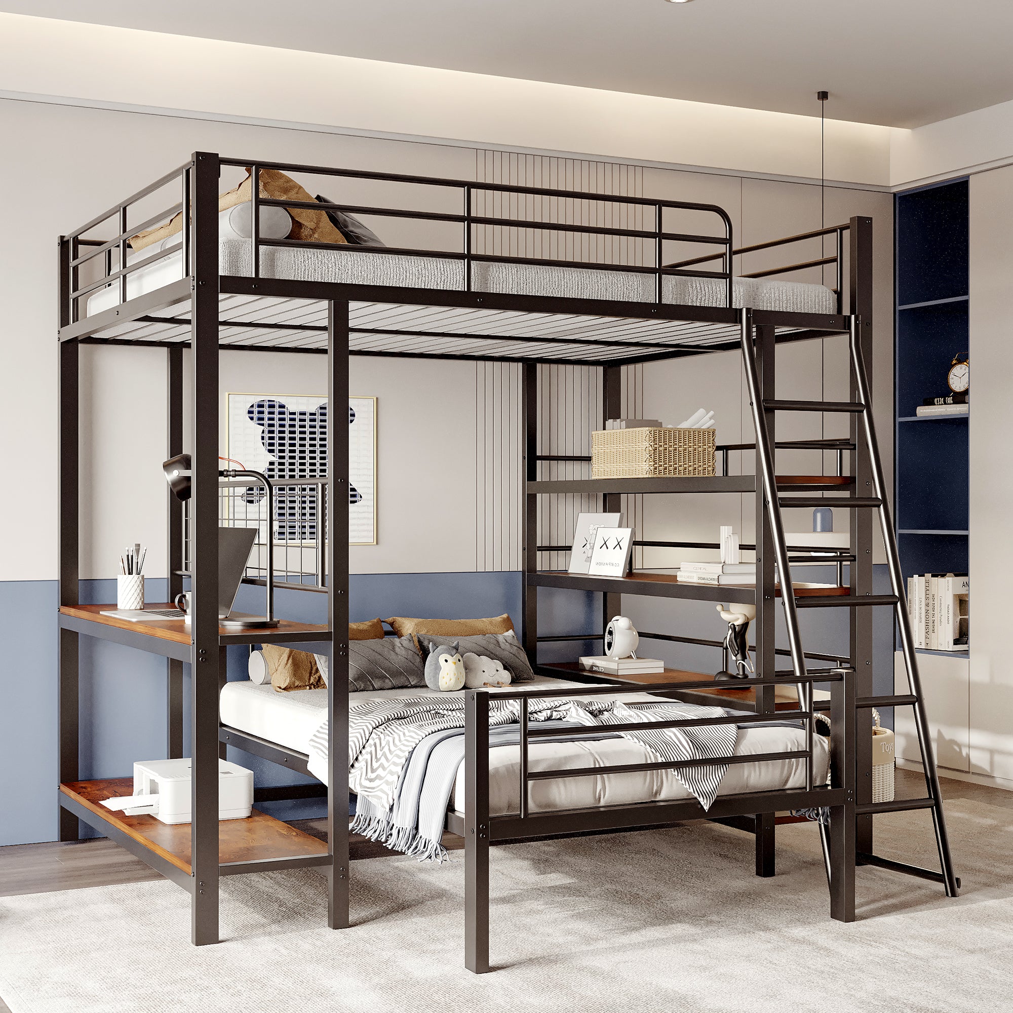 Bunk Bed Metal Frame Loft Bed 140*200 Multifunctional with Storage, Black