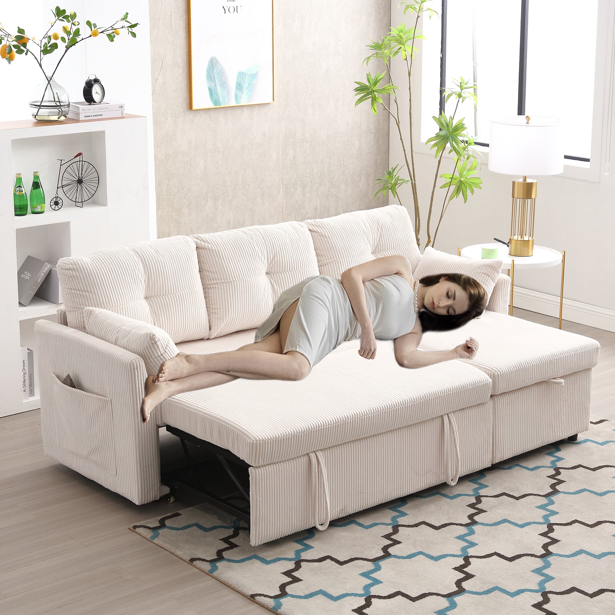 Sofa Bed, Multi-functional with Storage & Pull-out, Chaise Lounge Interchangeable, Modular L-Shaped Sectional
