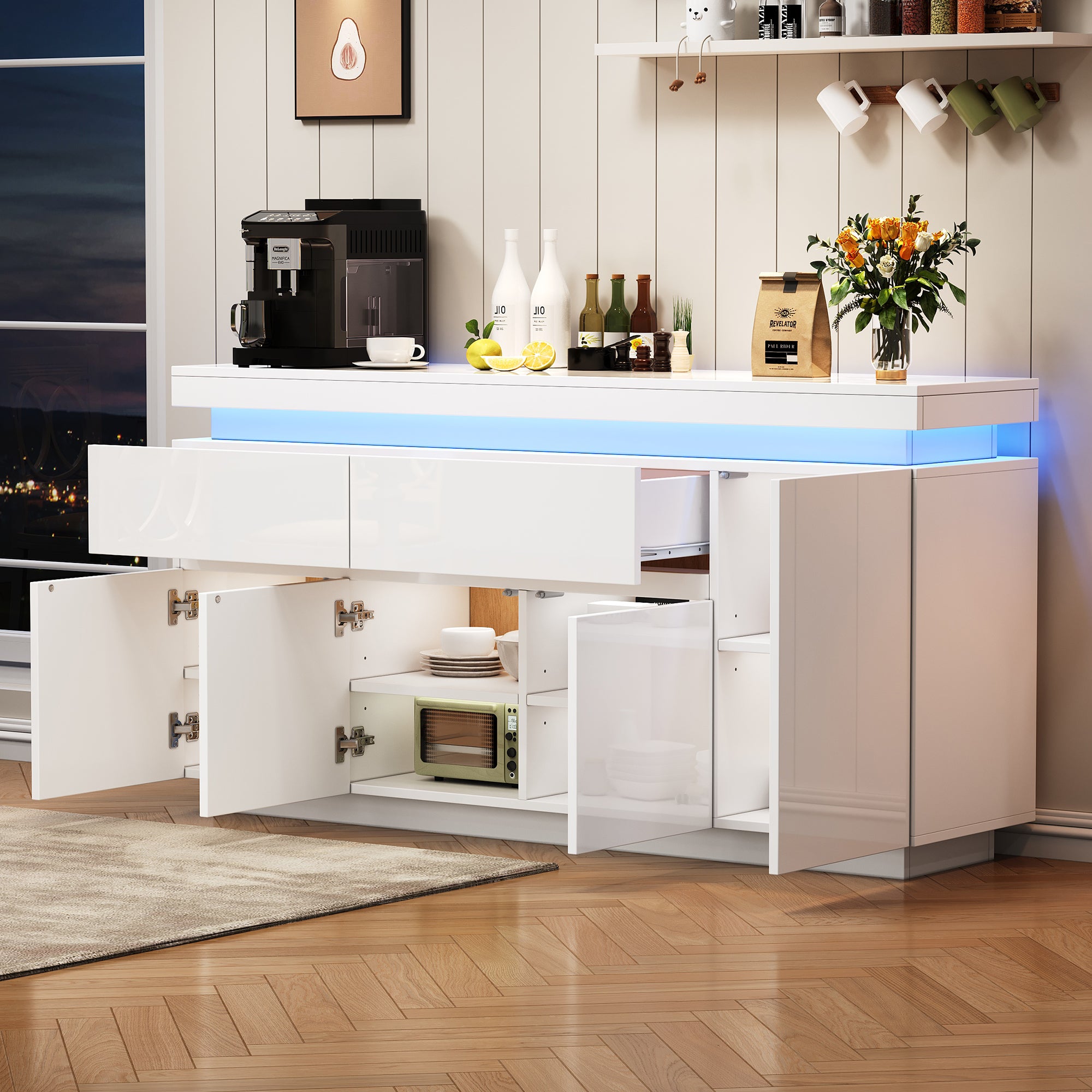 Living Room Cabinet/Sideboard, 2 Drawers, 4 Doors, LED, High-Gloss White