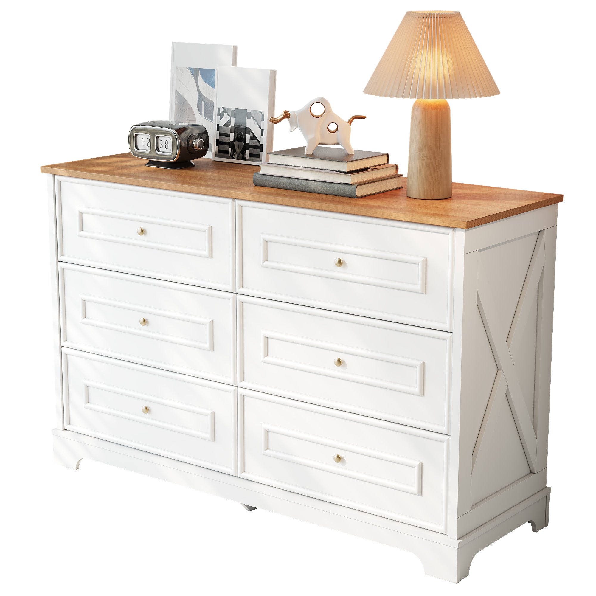 Sideboard, Six-Drawer Minimalist Design, Natural and White