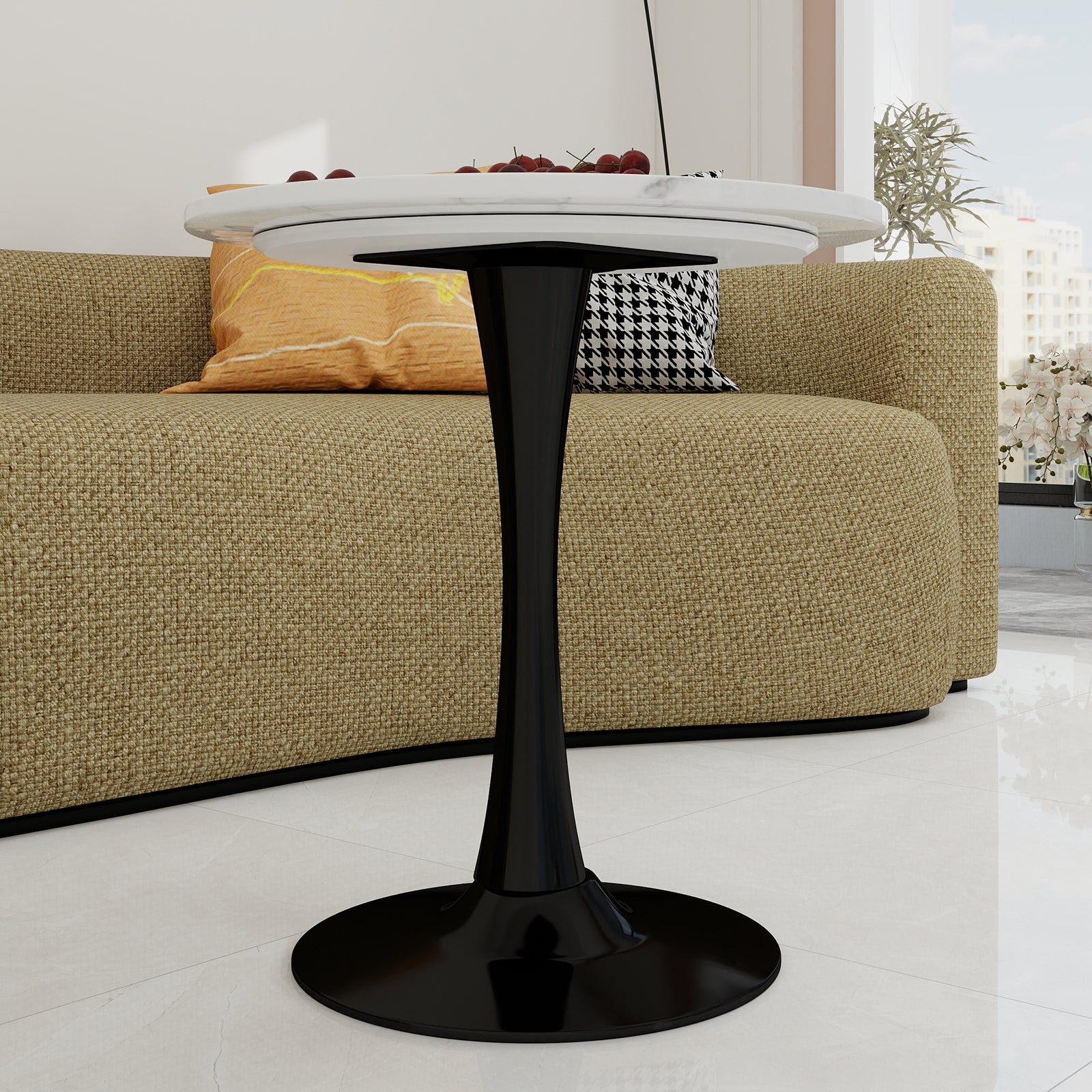 Coffee Table 27.6-inch Mid-Century Modern Round Marble Top - Black