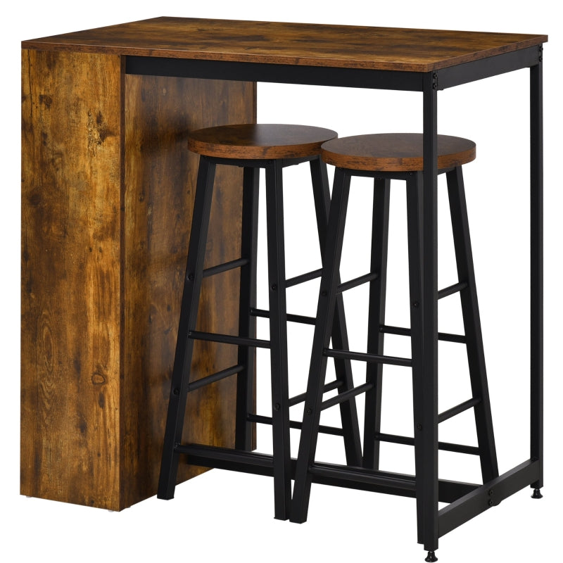 Industrial Bar Table Set for 2, 3 Pieces Pub Table and Bar Stools with Storage Shelf, Black/Brown Wood Effect