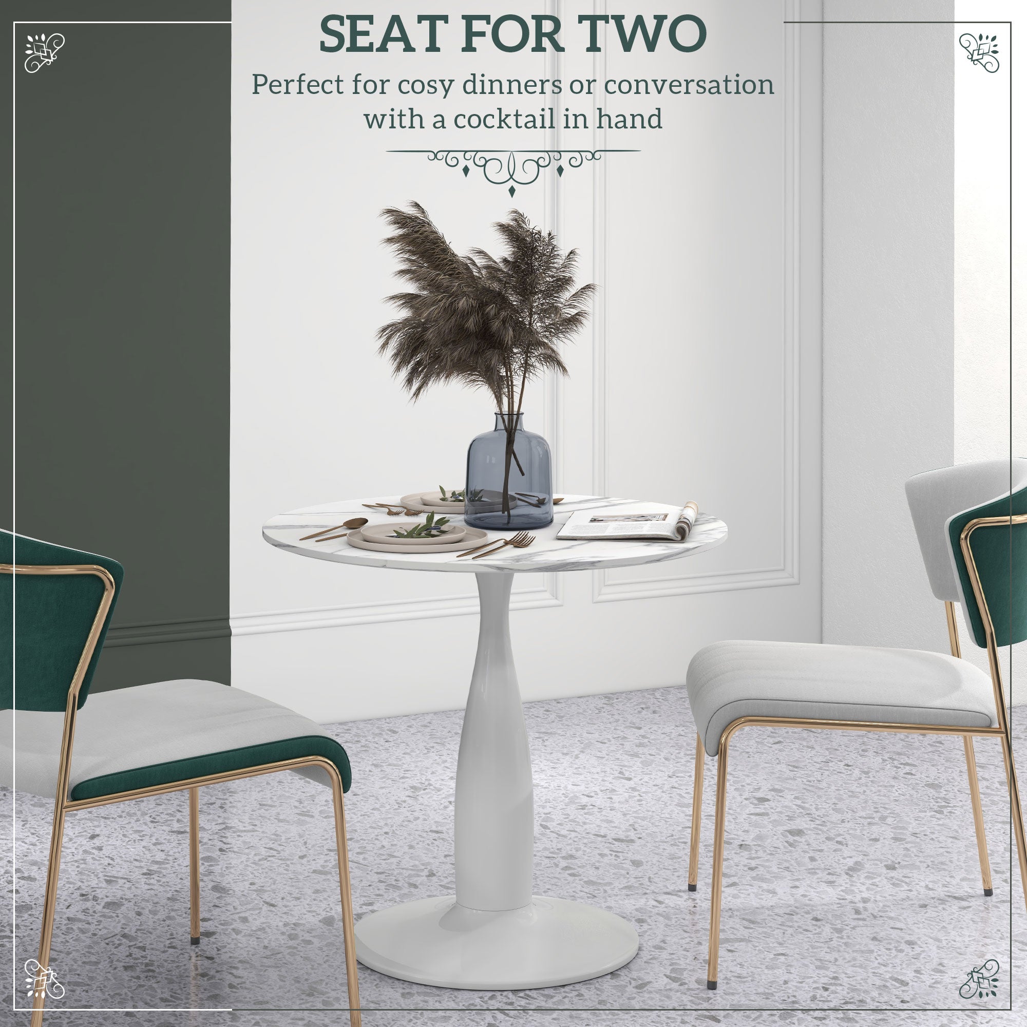 Small 2-Person Dining Table, Elegant Steel Base, White and Grey