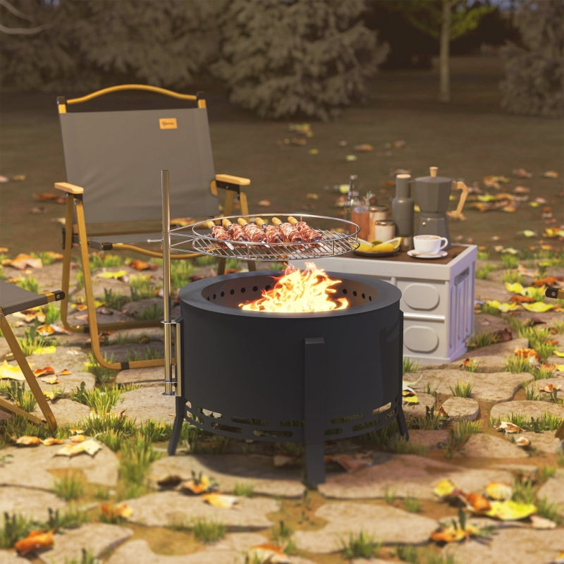 Portable Fire Pit 58cm Round Grill Grate Ash Catcher Poker, Black