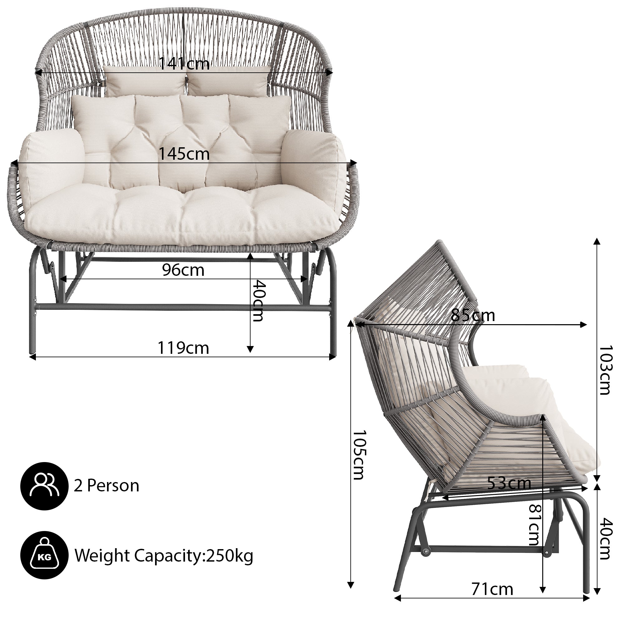 Outdoor Swing Egg Chair Double Patio Hanging Rocking Chair Grey