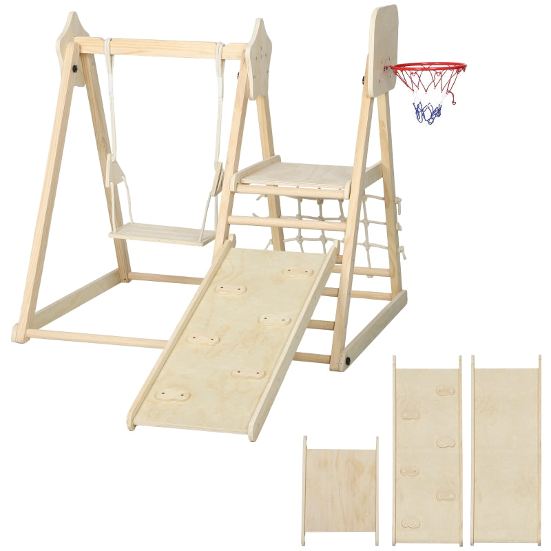 5-in-1 Indoor Climbing Frame with Slide, Swing and Basketball Hoop, Natural Wood
