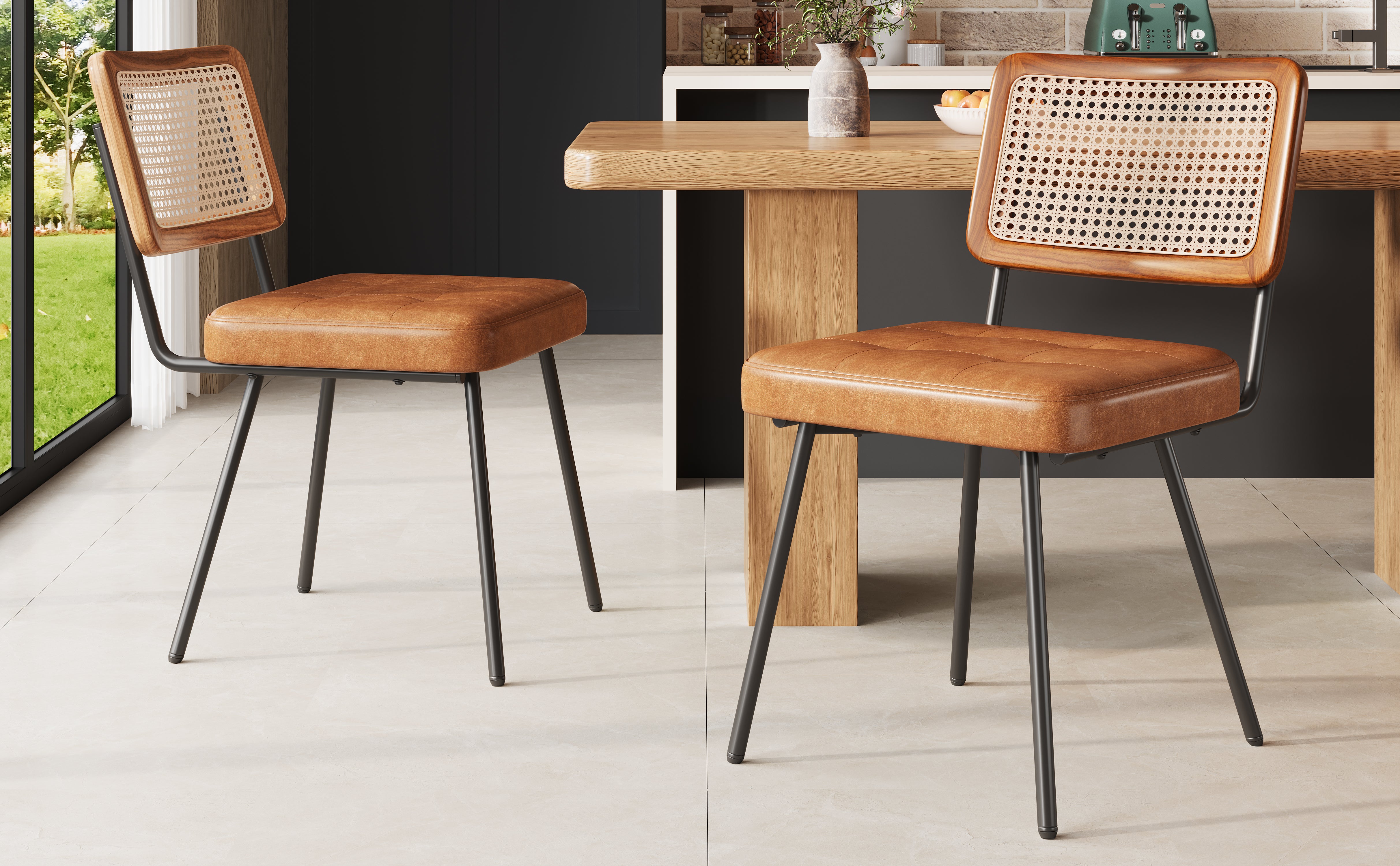 Ergonomic Dining Chair Set of 2 with Rattan and Faux Leather