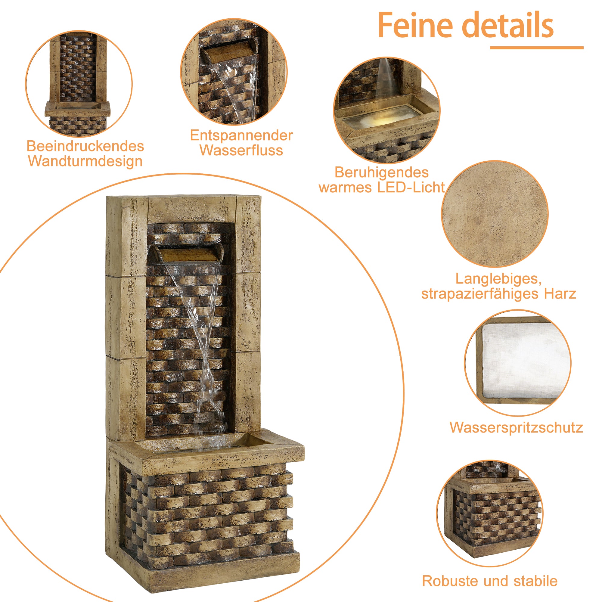 Garden Fountain with 230V Waterfall and Square Door Design, Antique Style