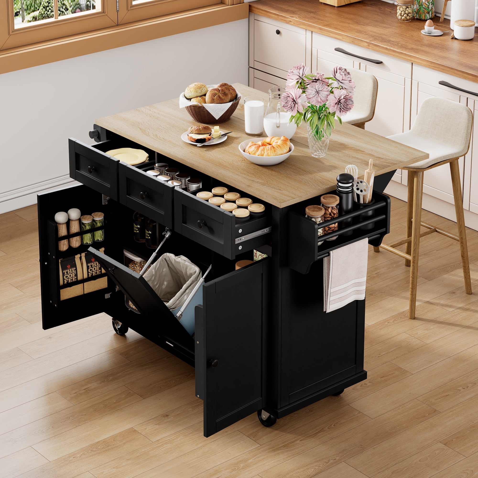 Mobile Kitchen Island Extendable Dining Area Waste Bin & Drawers - Black