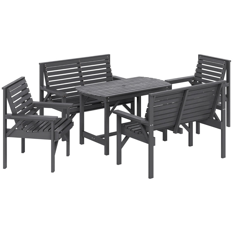 5 Piece Wooden Garden Dining Set, 6-Seater Outdoor Conversation Set with Umbrella Hole, Grey/Wood