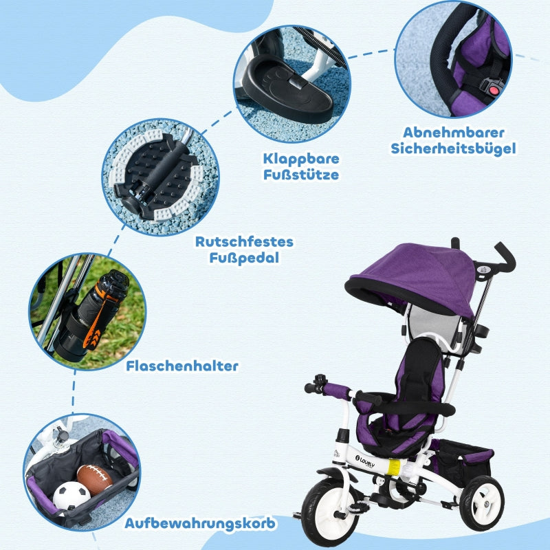 6-in-1 Tricycle with Push Bar, Sun Canopy, Safety Harness, Purple