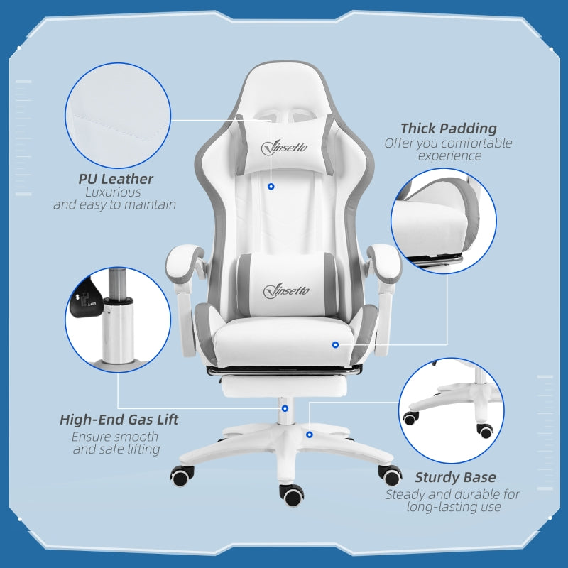 Computer Gaming Chair, 135° Reclining Back Footrest Lumbar Support, White and Grey PU Leather