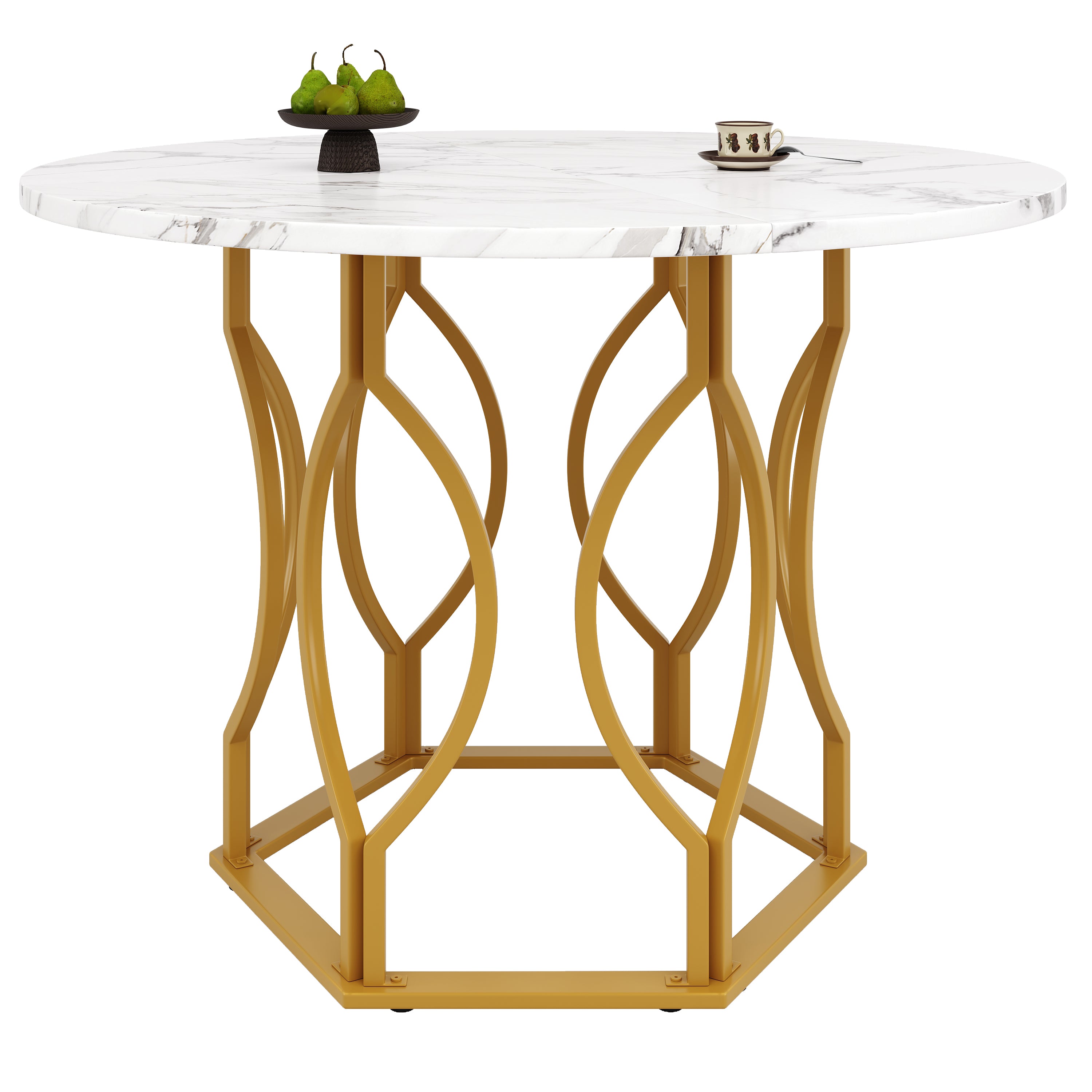 Round Dining Table (100x100x76cm), 4-Seater, Metal Legs, MDF Marbled Tabletop, Golden Legs