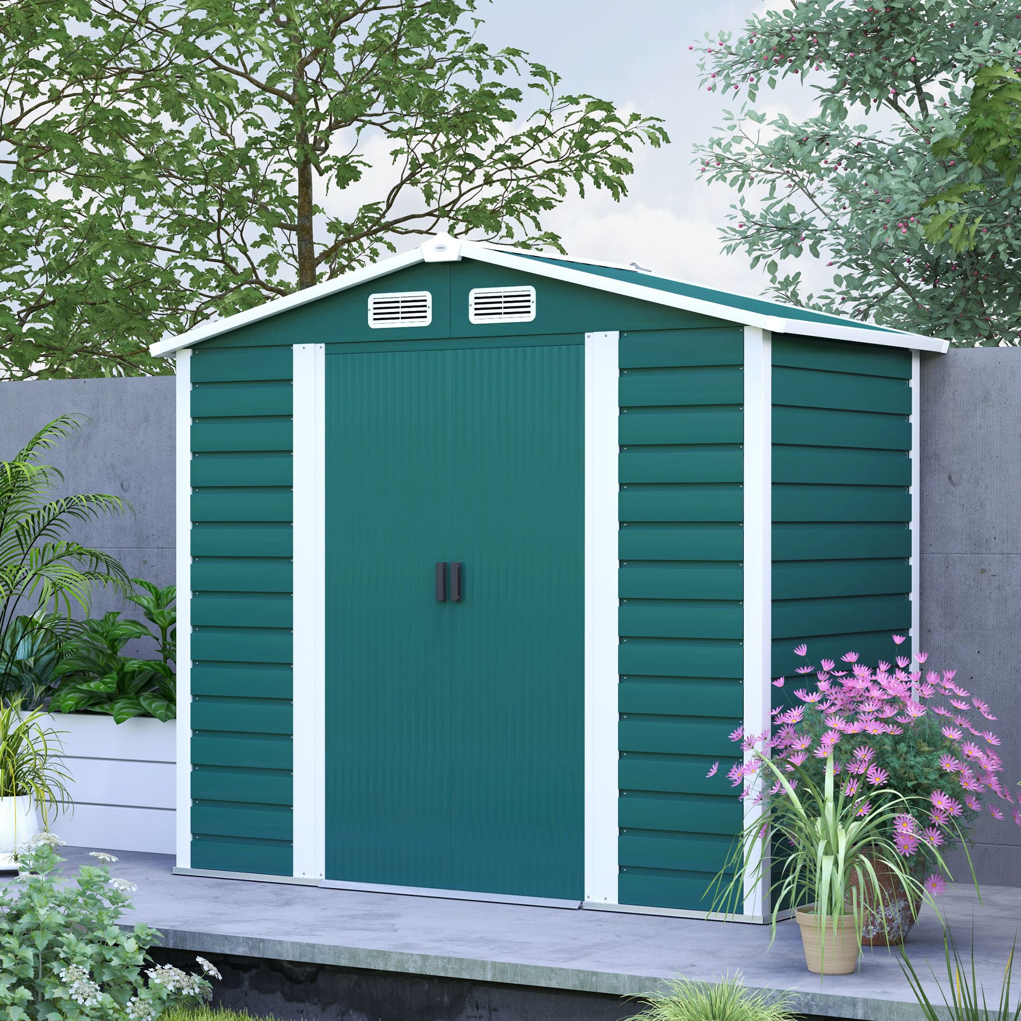 7 x 4ft Garden Shed, Easy Assemble Galvanised Steel Frame with Double Doors and Lock, Green