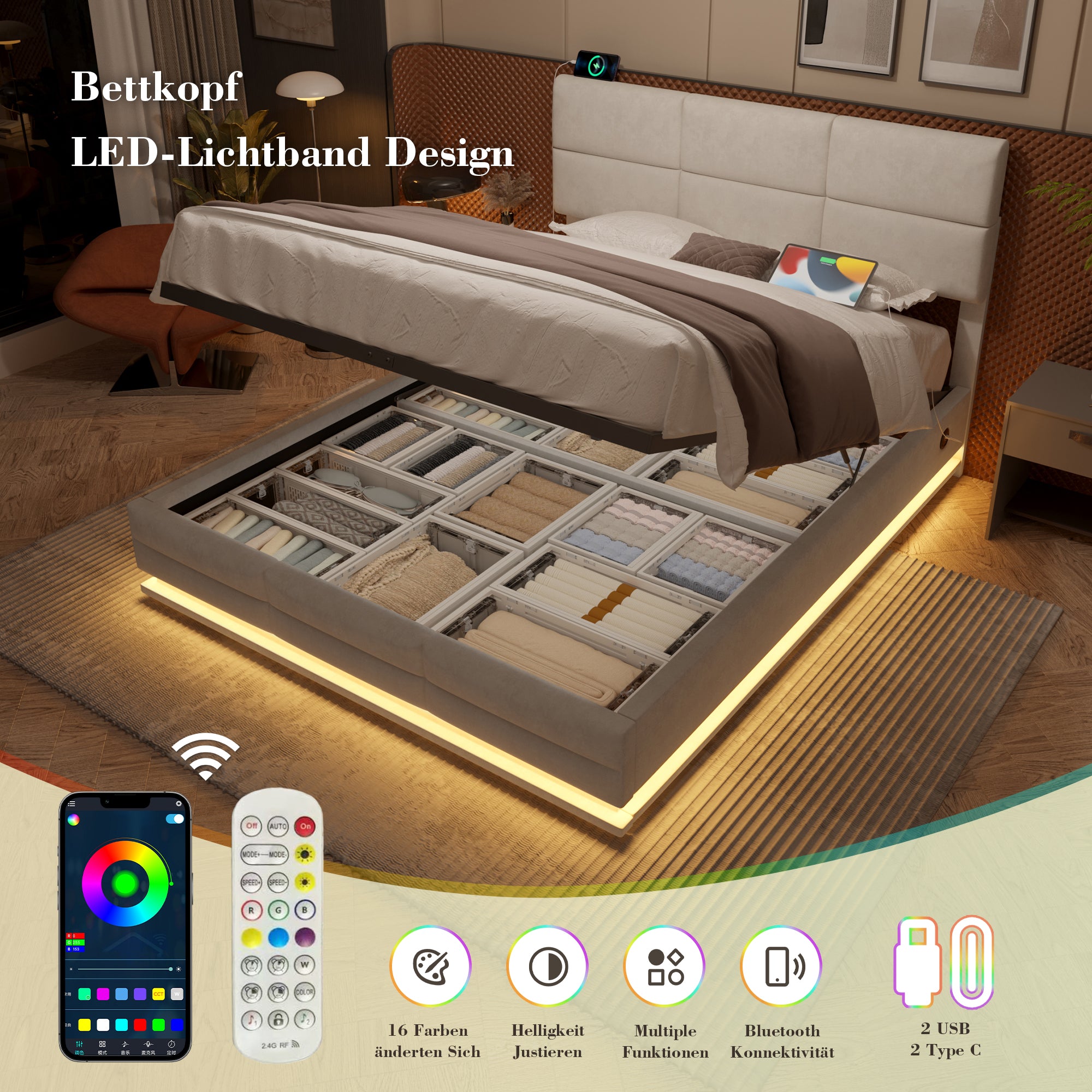 Upholstered Bed, 140x200cm Modern with Adjustable Headboard, USB/Type-C, LED, Hydraulic Lift, XXL Storage - Beige