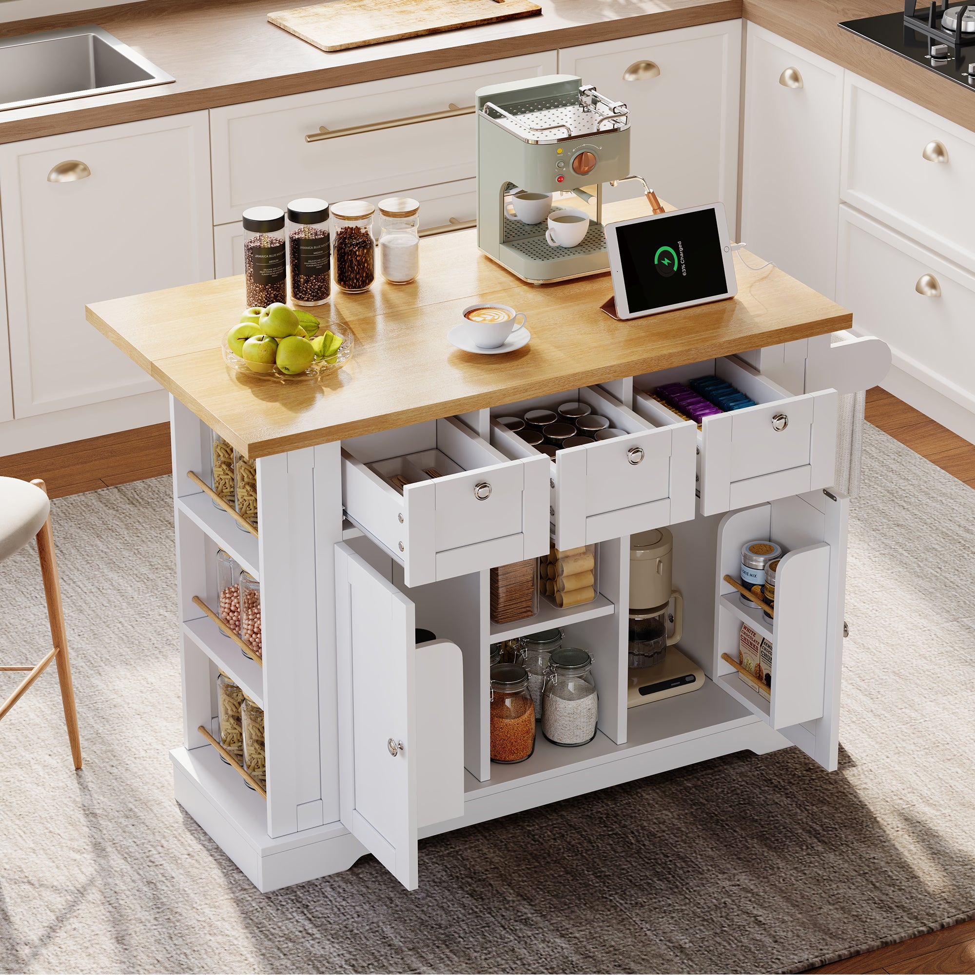 Mobile Kitchen Table 132cm Folding Worktop Multifunctional Cabinet 5 Wheels Integrated Socket
