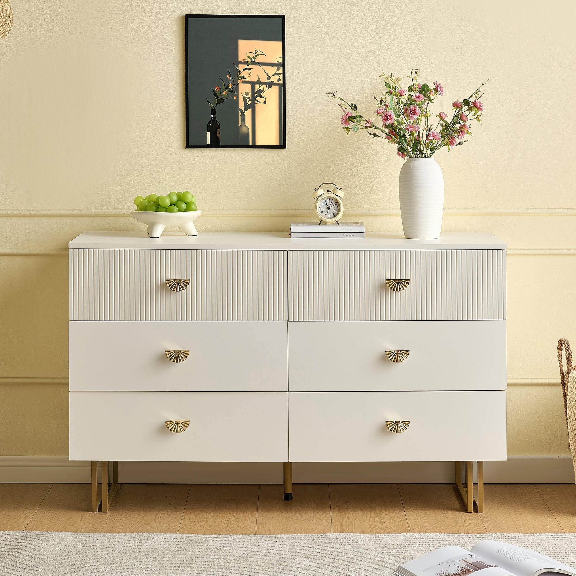 Sideboard, 6-Drawer Elegant Design, White and Gold MDF and Steel