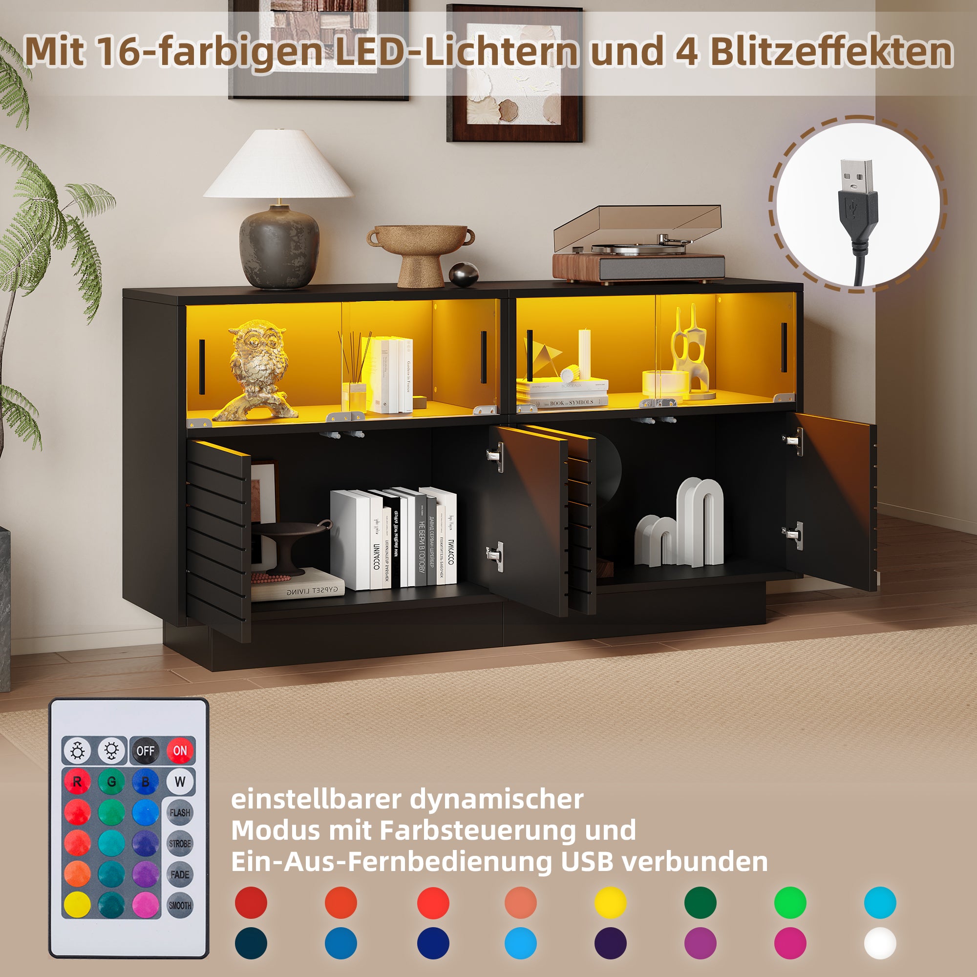 Sideboard, 130cm Glass Door Cabinet with LED Light, Modern Highboard