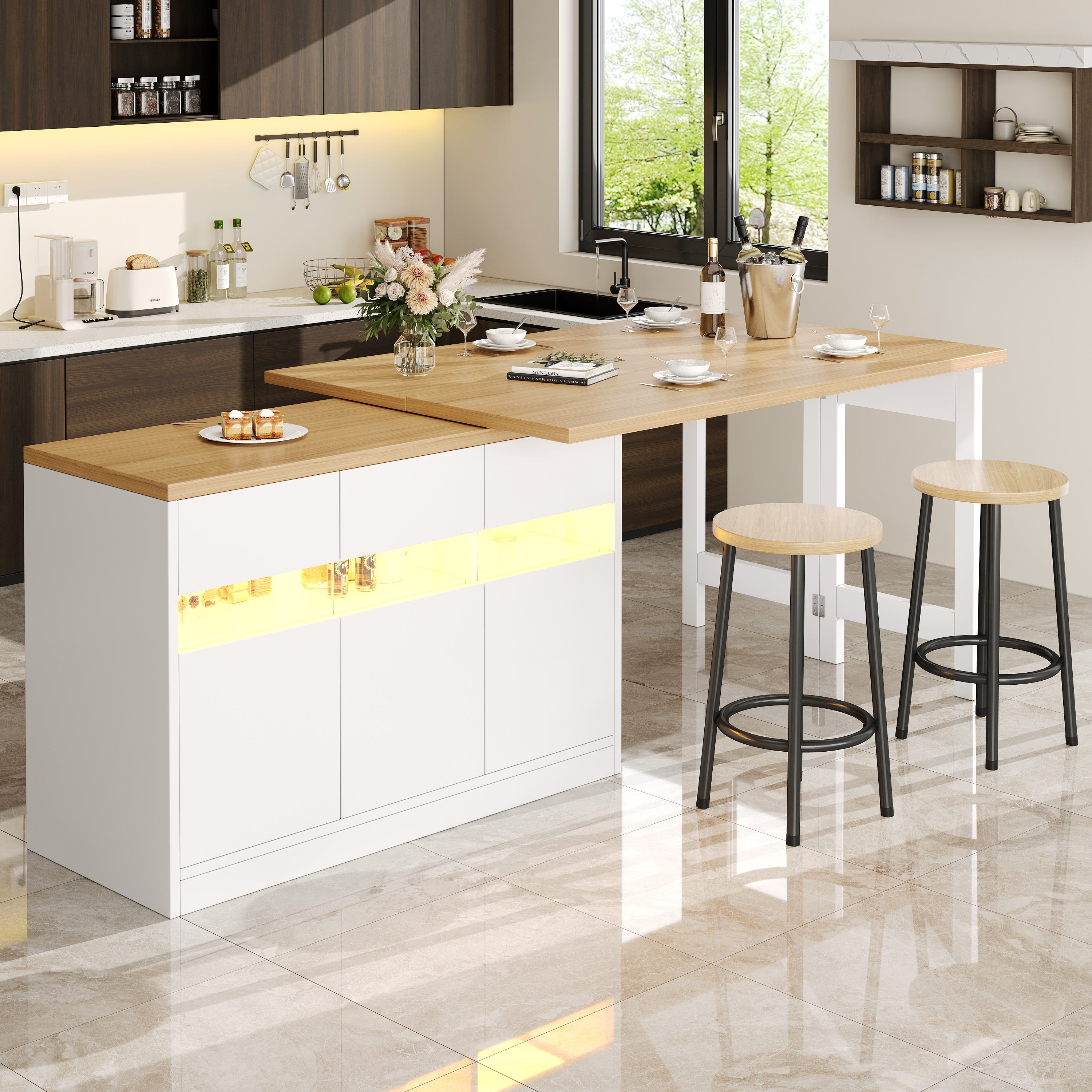 Extendable Bar Table with LED Lighting and 360° Swivel, 120-180cm Adjustable Length, White