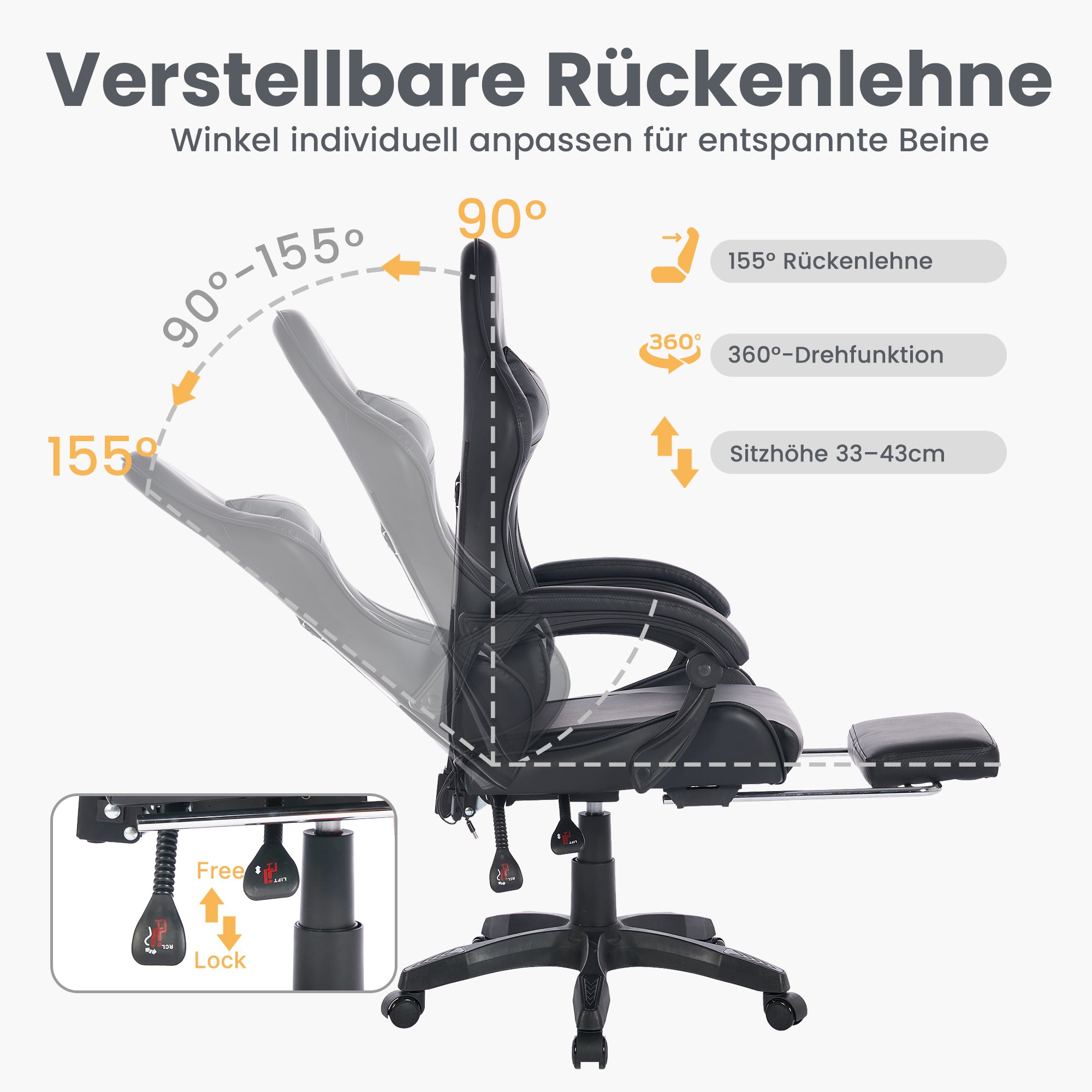 360° Swivel Gaming Chair, Ergonomic Racing Design High-Back Office Chair with Footrest, Headrest, and Lumbar Support - Black Leather