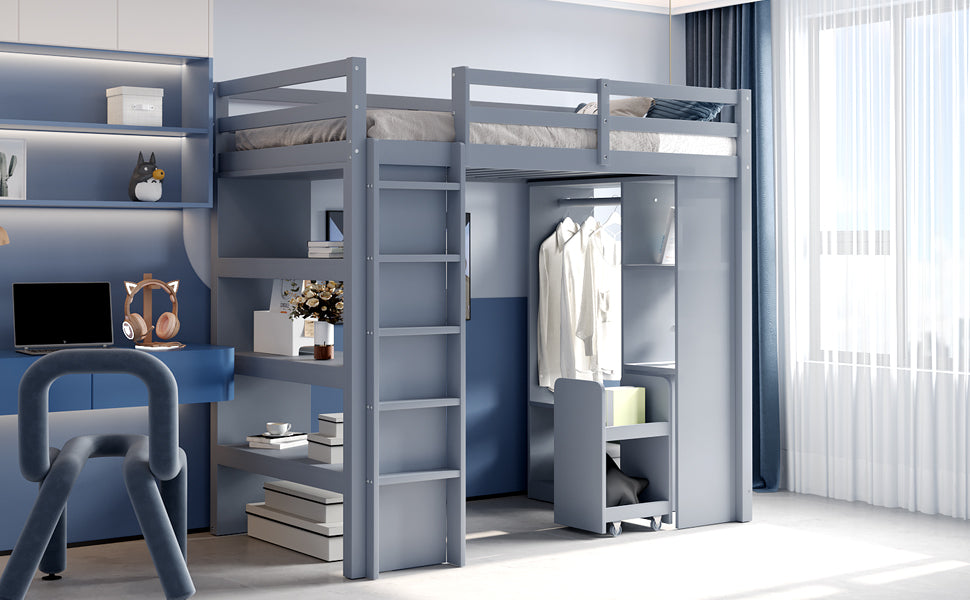 Children's Loft Bed with Shelves, Organizer, Storage, Grey