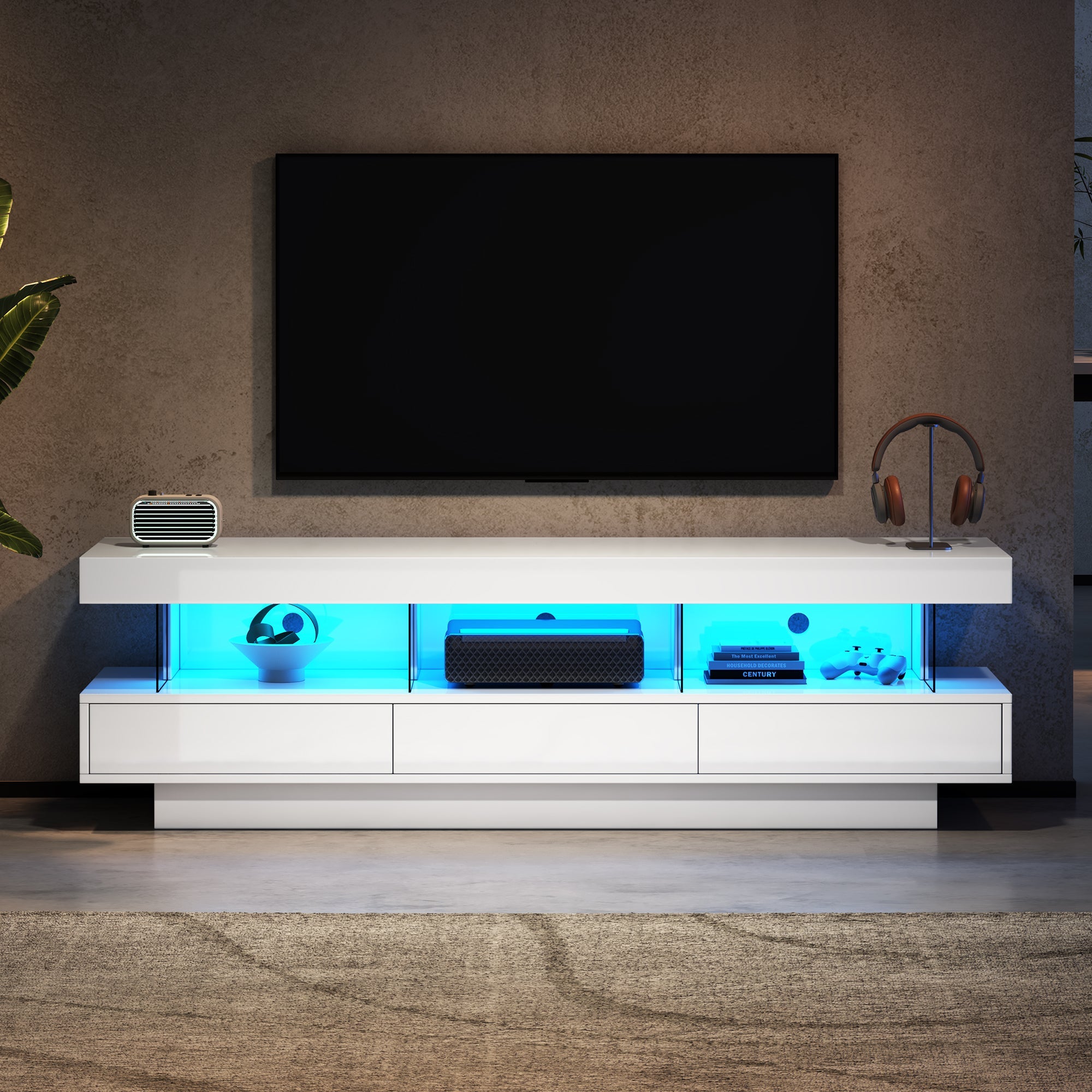 TV Stand Cabinet with LED Lights, 160CM High Gloss, 3 Drawers, 3 Open Storage Space, White