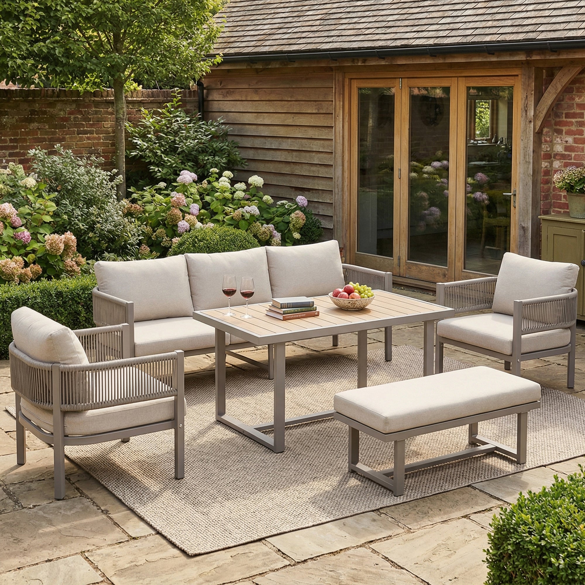 Garden Lounge Set with 3-Seater Sofa, 2 Armchairs, Bench and Dining Table, Beige PE Woven Rope and WPC Tabletop