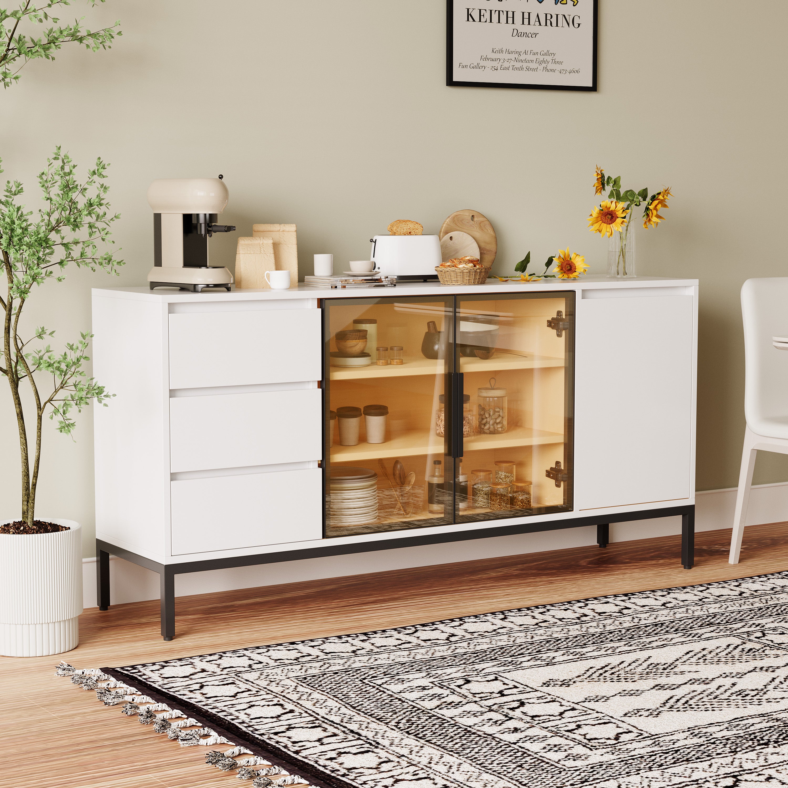 Buffet Cabinet with Doors, 3 Drawers & Display Storage - White