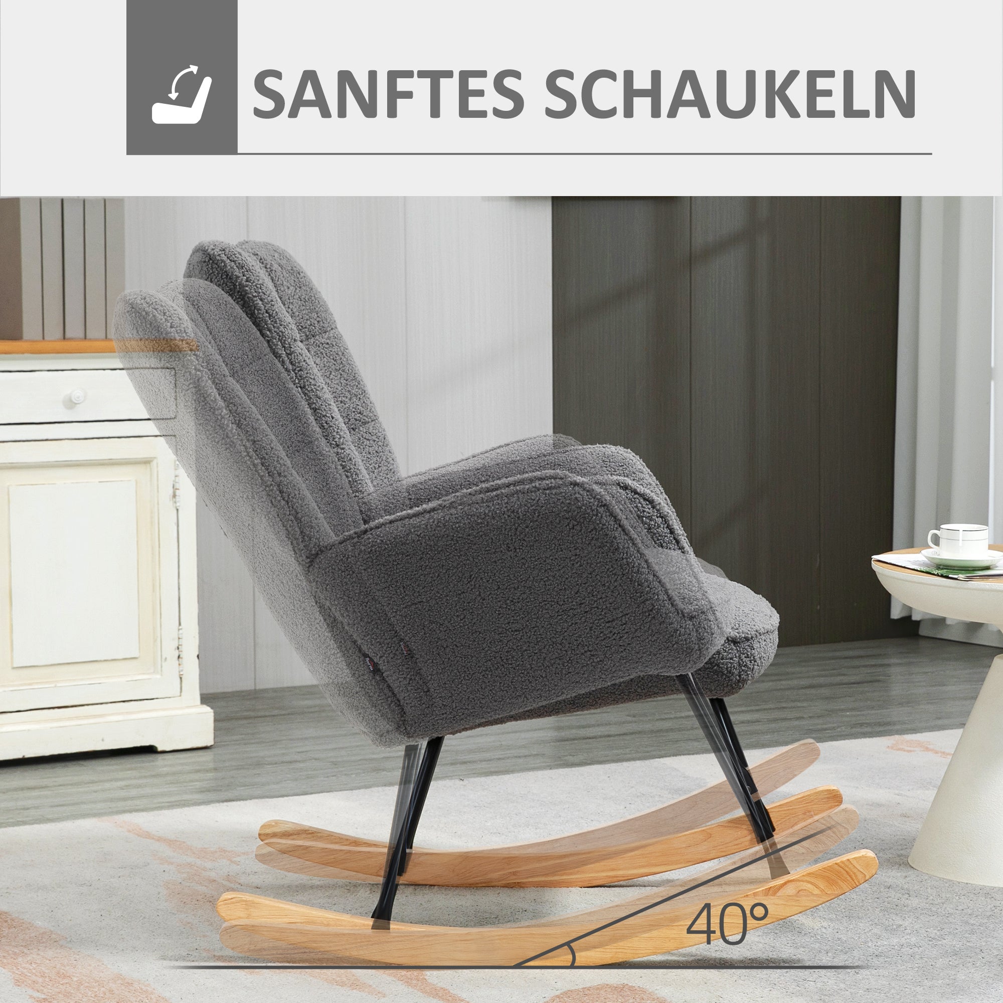 Rocking Armchair with Berber Fleece Look, Wooden Runners, 120kg Capacity, Dark Grey