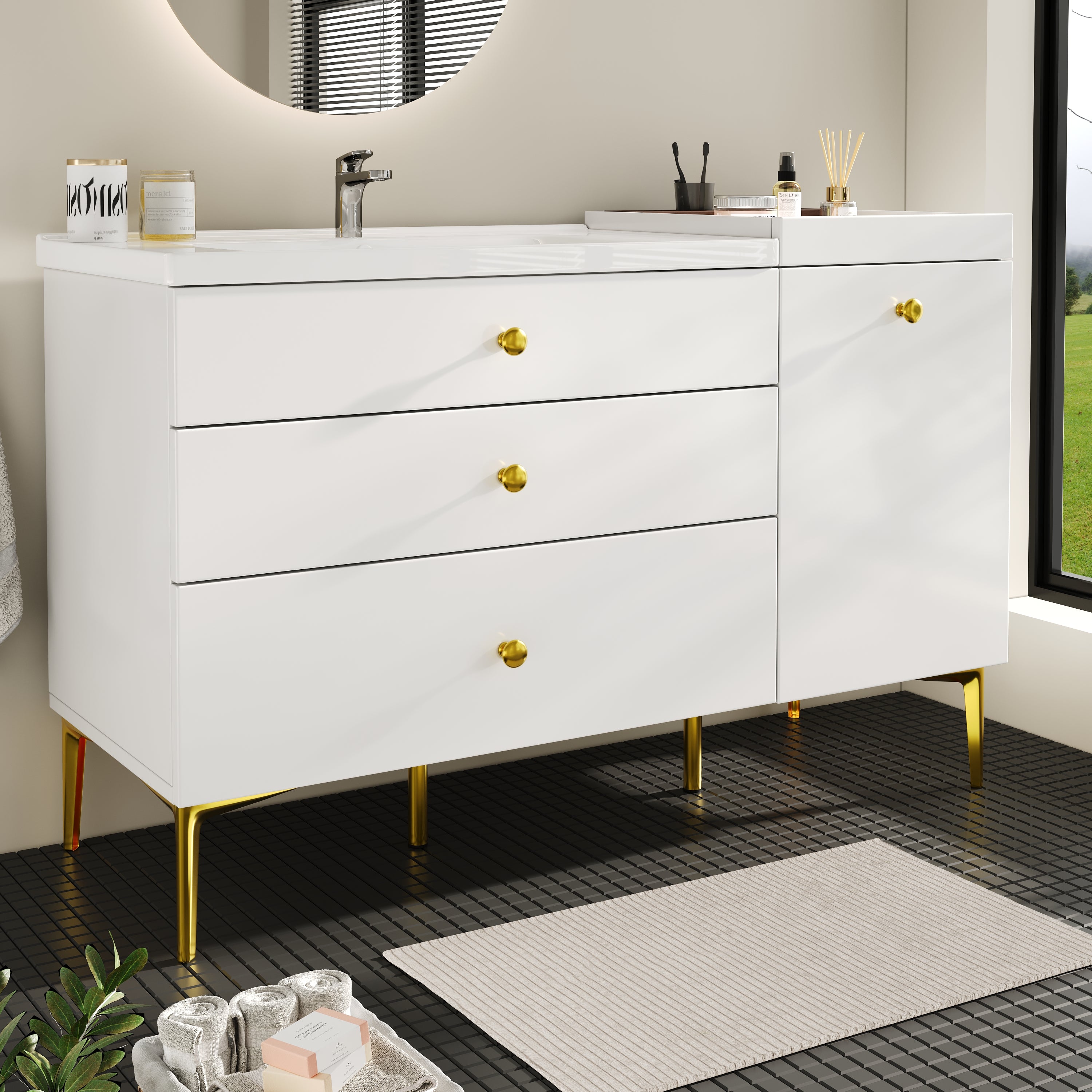 Bathroom Vanity Unit with Ceramic Sink and Storage Drawers, White and Gold