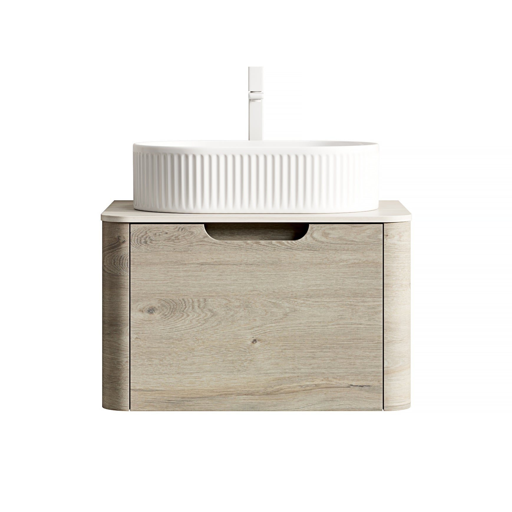 Floating Bathroom Vanity Unit with Oval Sink and Sintered Stone Top, Oak Cream Wood Grain