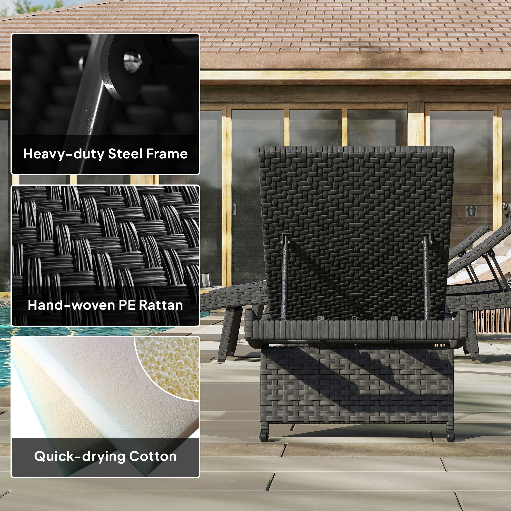 Outdoor PE Rattan Sun Lounger, Folding Recliner with 4-Level Adjustable Backrest & Wheels, Black