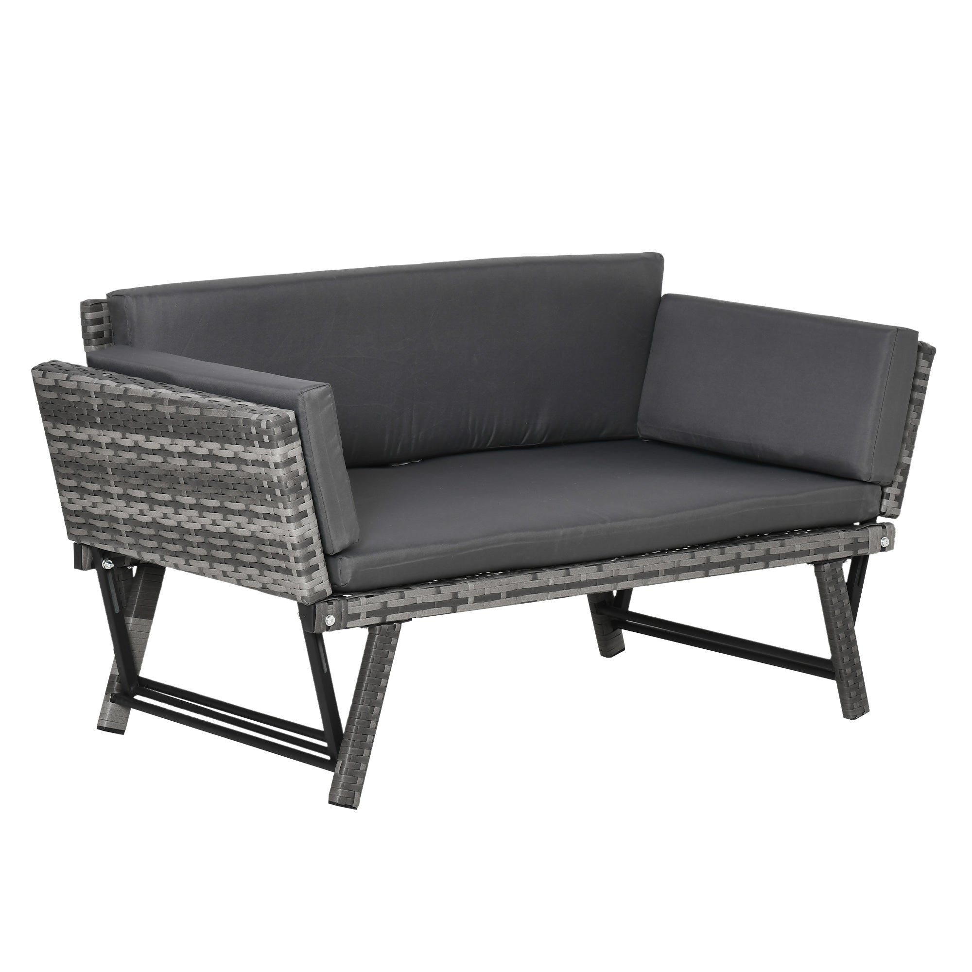 2 Seater Rattan Sofa 2-in-1 Daybed Chaise Lounger Loveseat Mixed Grey PE Rattan
