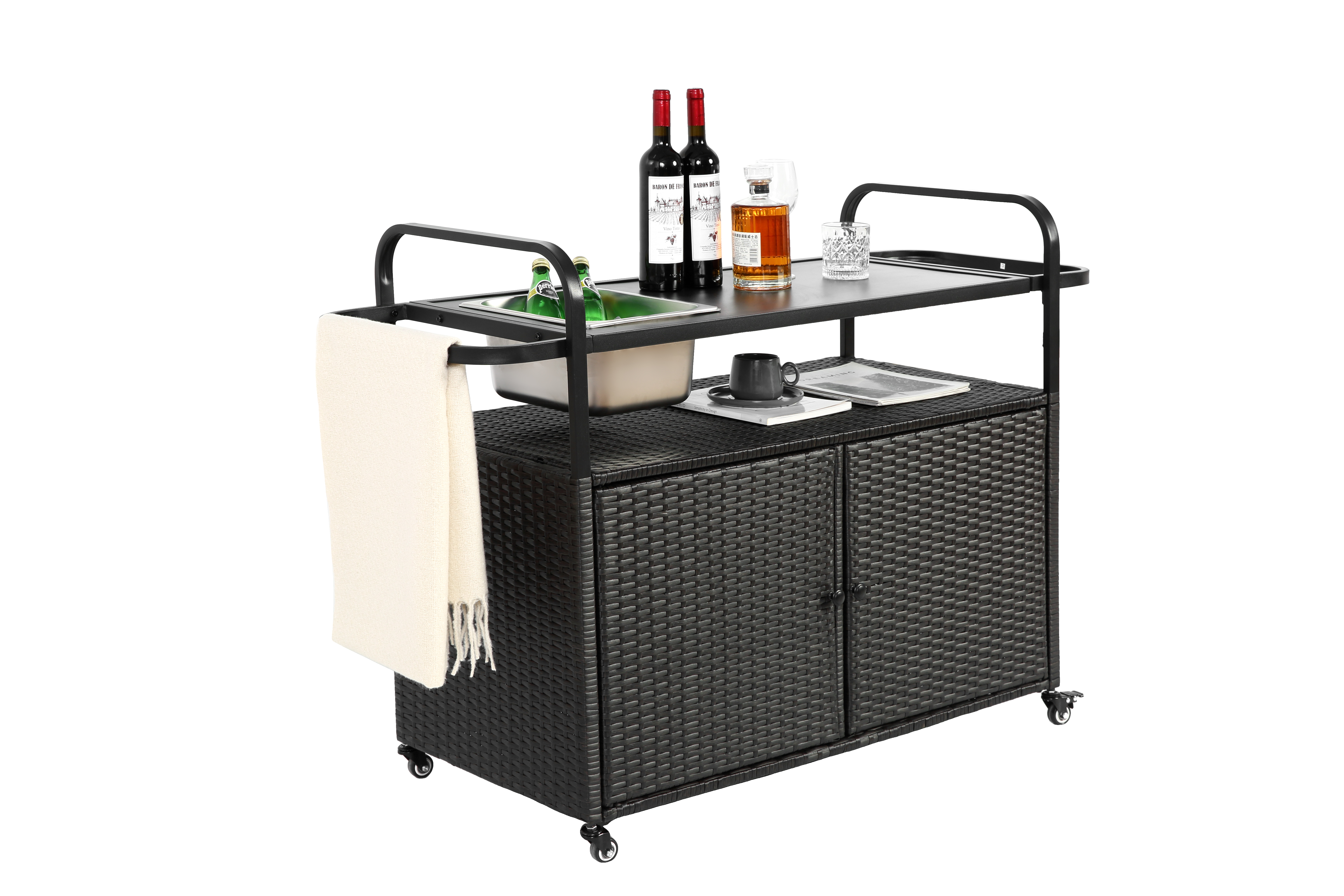Outdoor Bar Table, Wicker Bar Cart with Cabinet, Patio Serving Cart with Steel Top, Ice Bucket, Lockable Wheels, Side Basket, Black