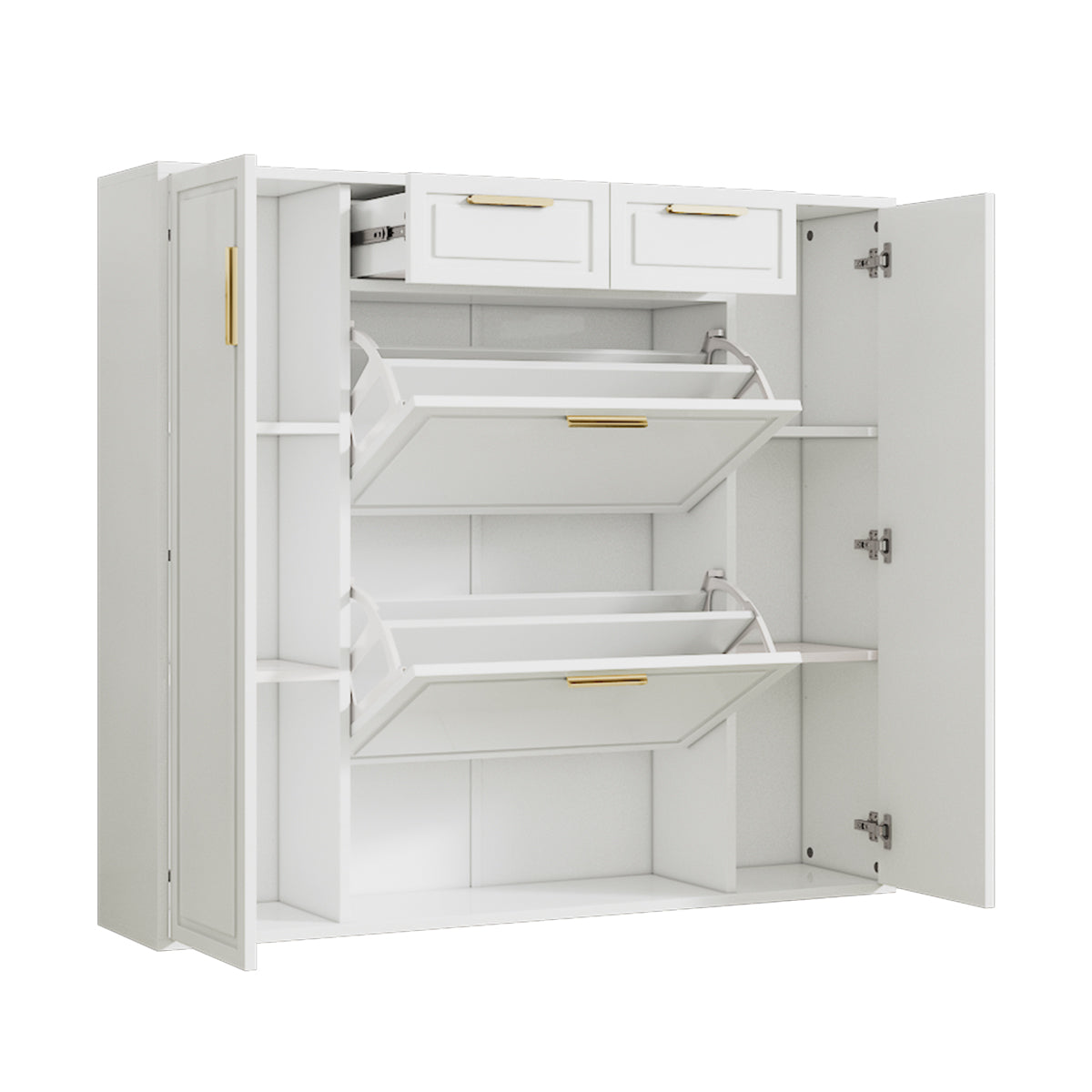 Modern shoe cabinet with adjustable shelves, 2 drawers, folding and 2 doors, white