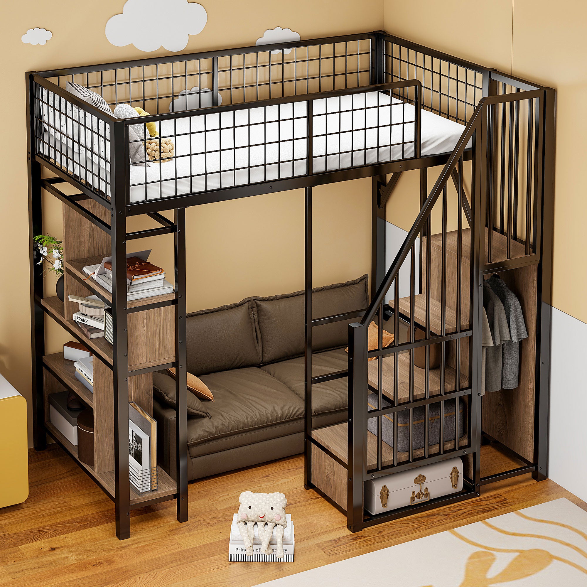 Loft Bed, 90 x 200 cm, Storage, Shelves & Stairs, Metal Black