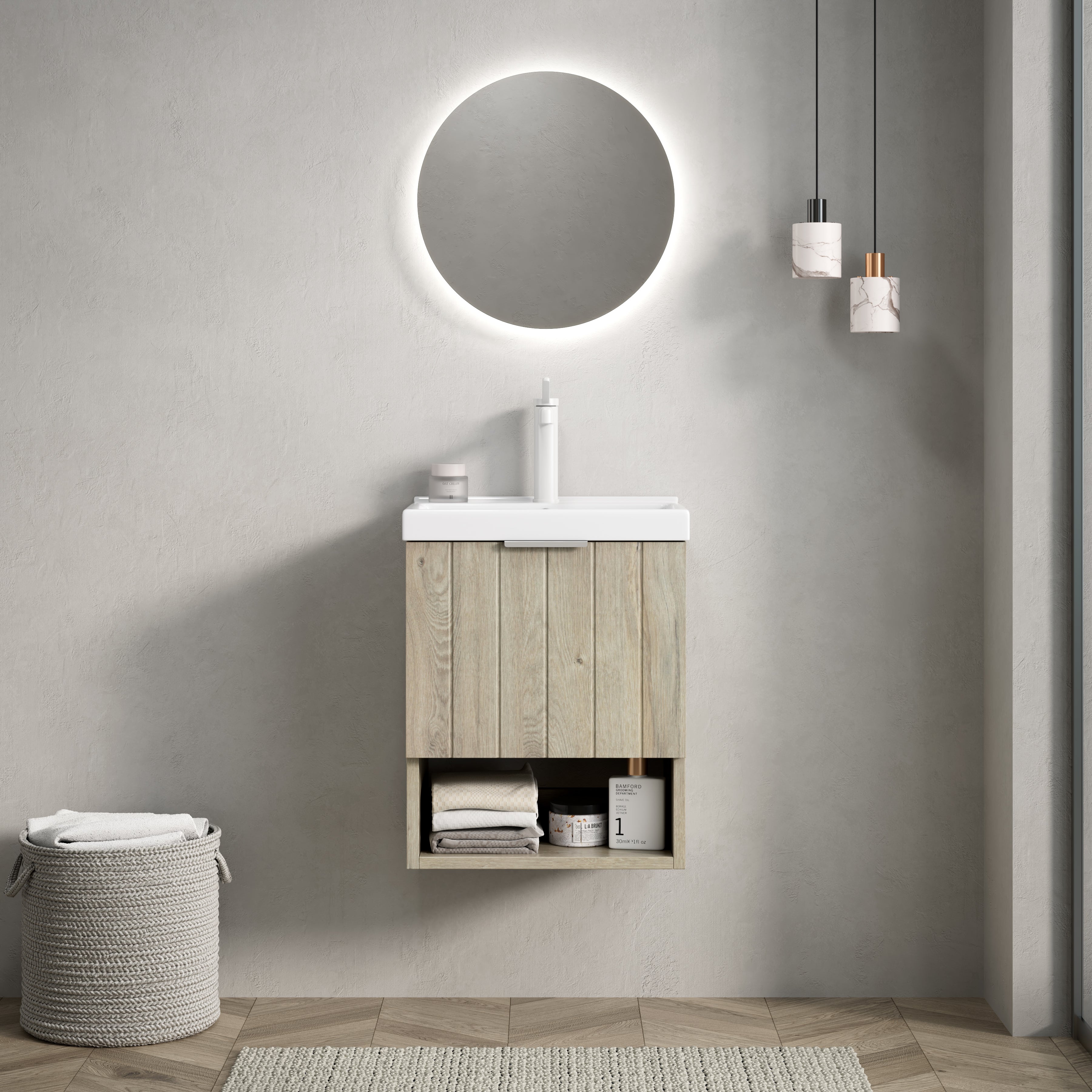 Bathroom Vanity Unit with Ceramic Sink and Open Shelf, Oak Cream Wood Grain