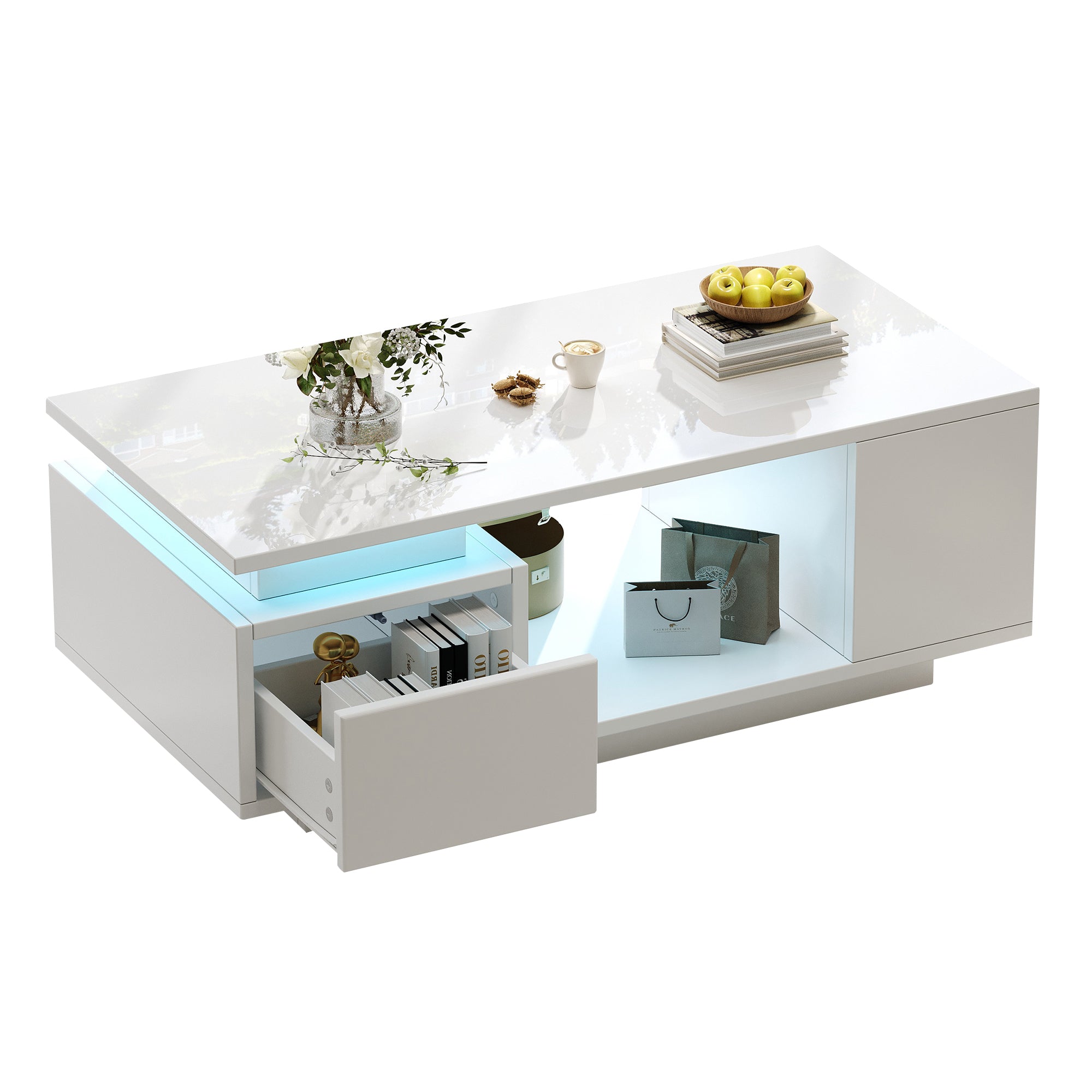 Coffee Table 100x50x36cm High-Gloss LED Side Table with Drawer and Storage White