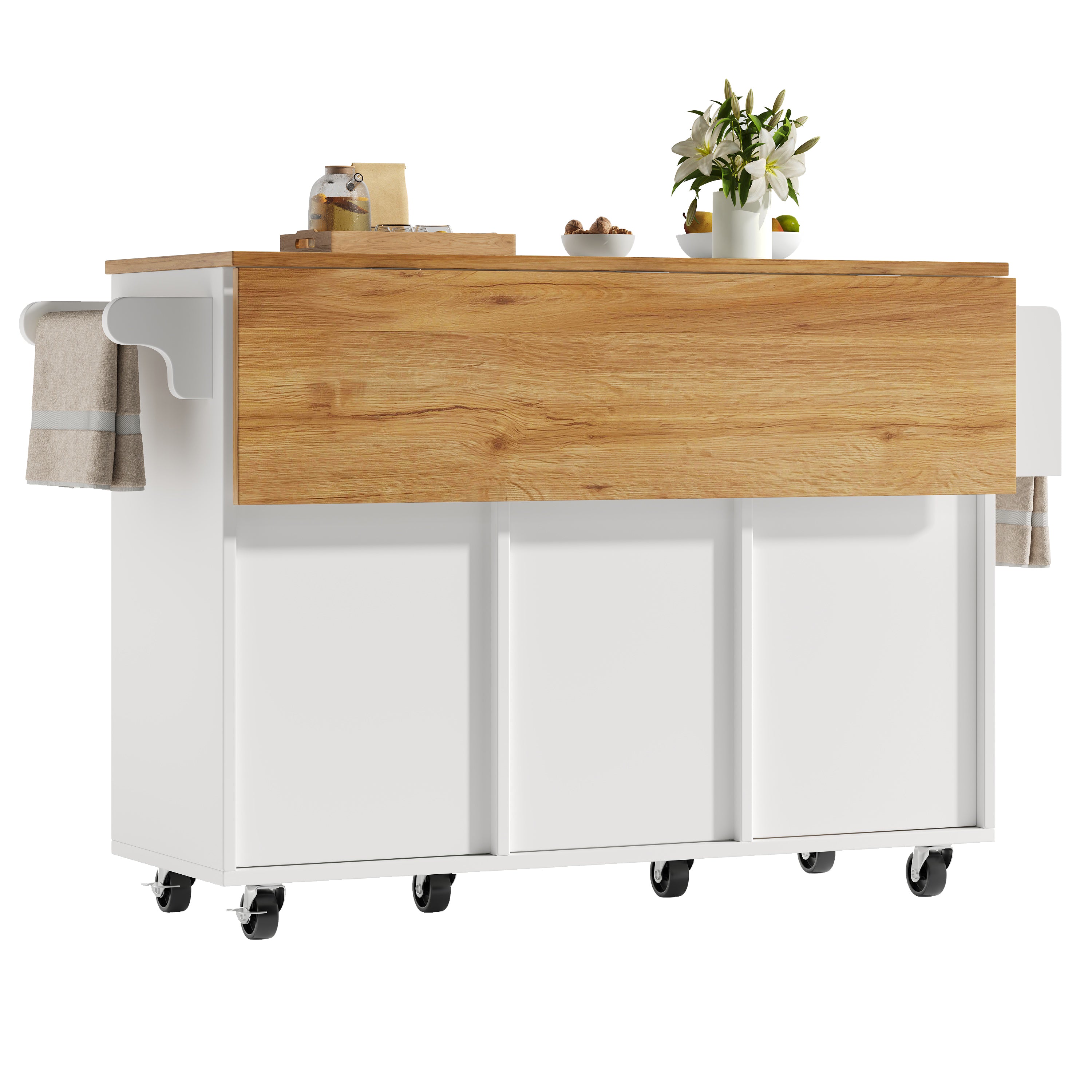 Kitchen Island Extendable with Wheels, Adjustable Shelves & Storage - White