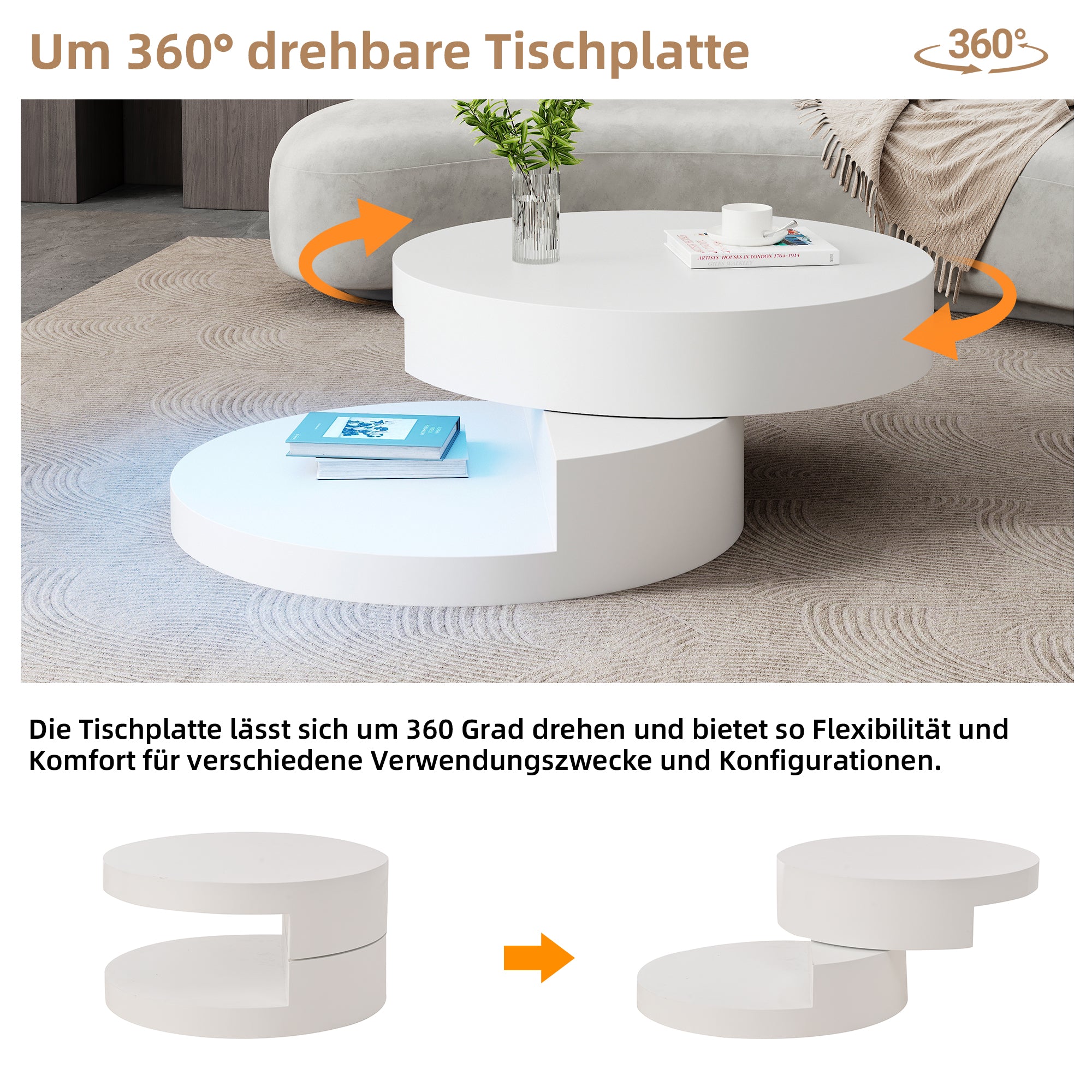 Coffee Table Swivel 360° LED Light Cylindrical MDF White