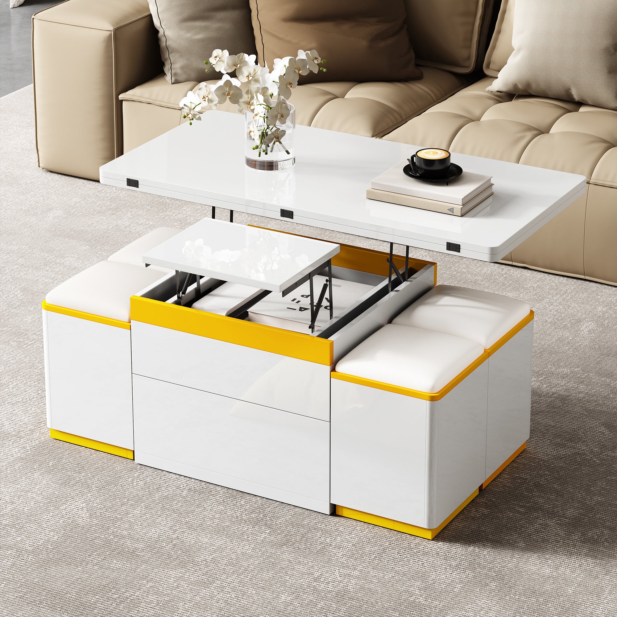 Coffee Table Multifunctional High-Gloss Adjustable Foldable Dining 100x50x43cm - White