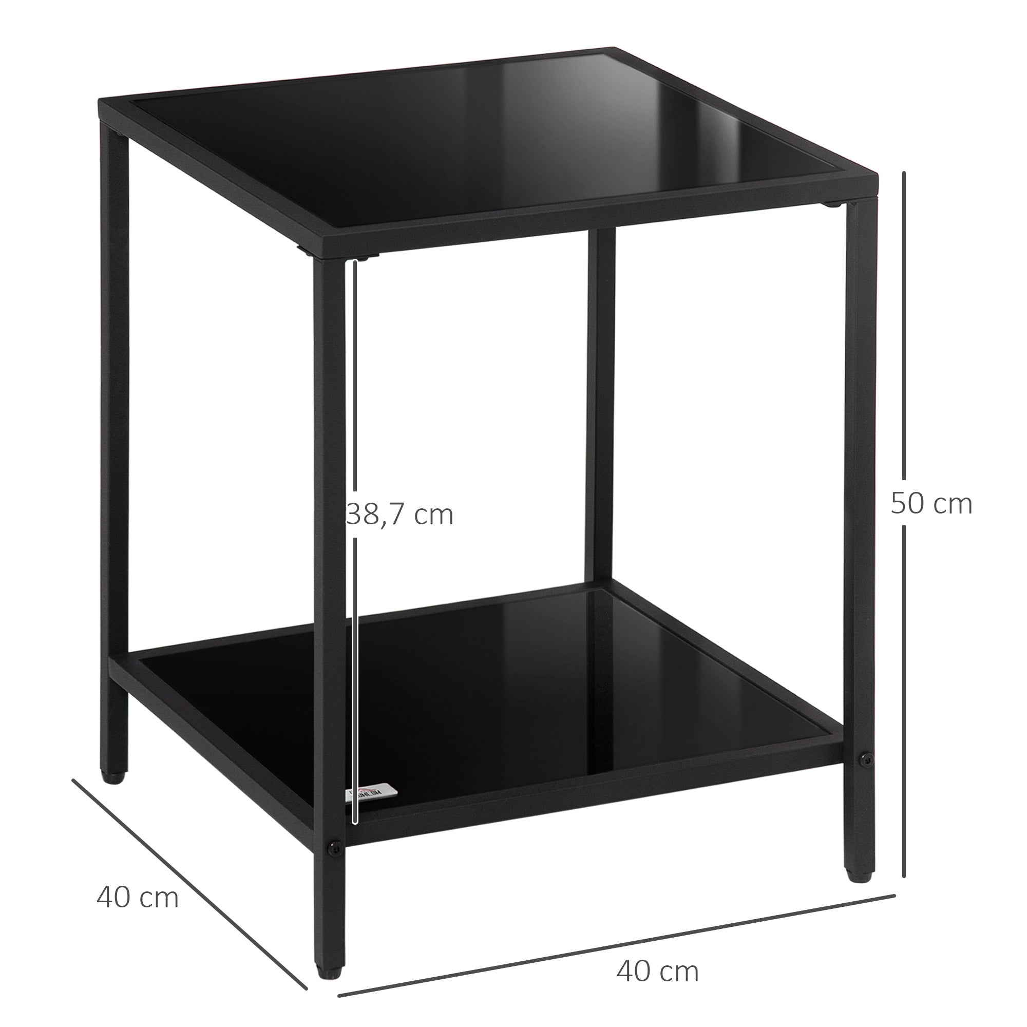 Side Table, 2-Tier Coffee Table, 40 x 40 x 50 cm, Tempered Glass Steel, Black