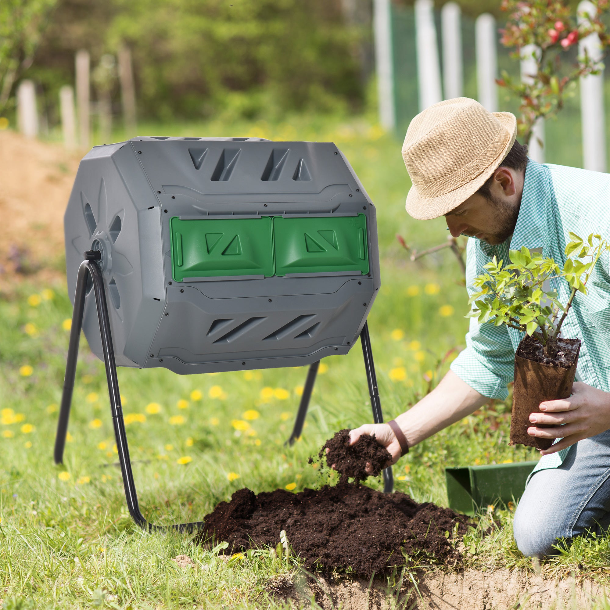 Drum Composter, 160L 2 Chambers Rotating Rapid, Grey