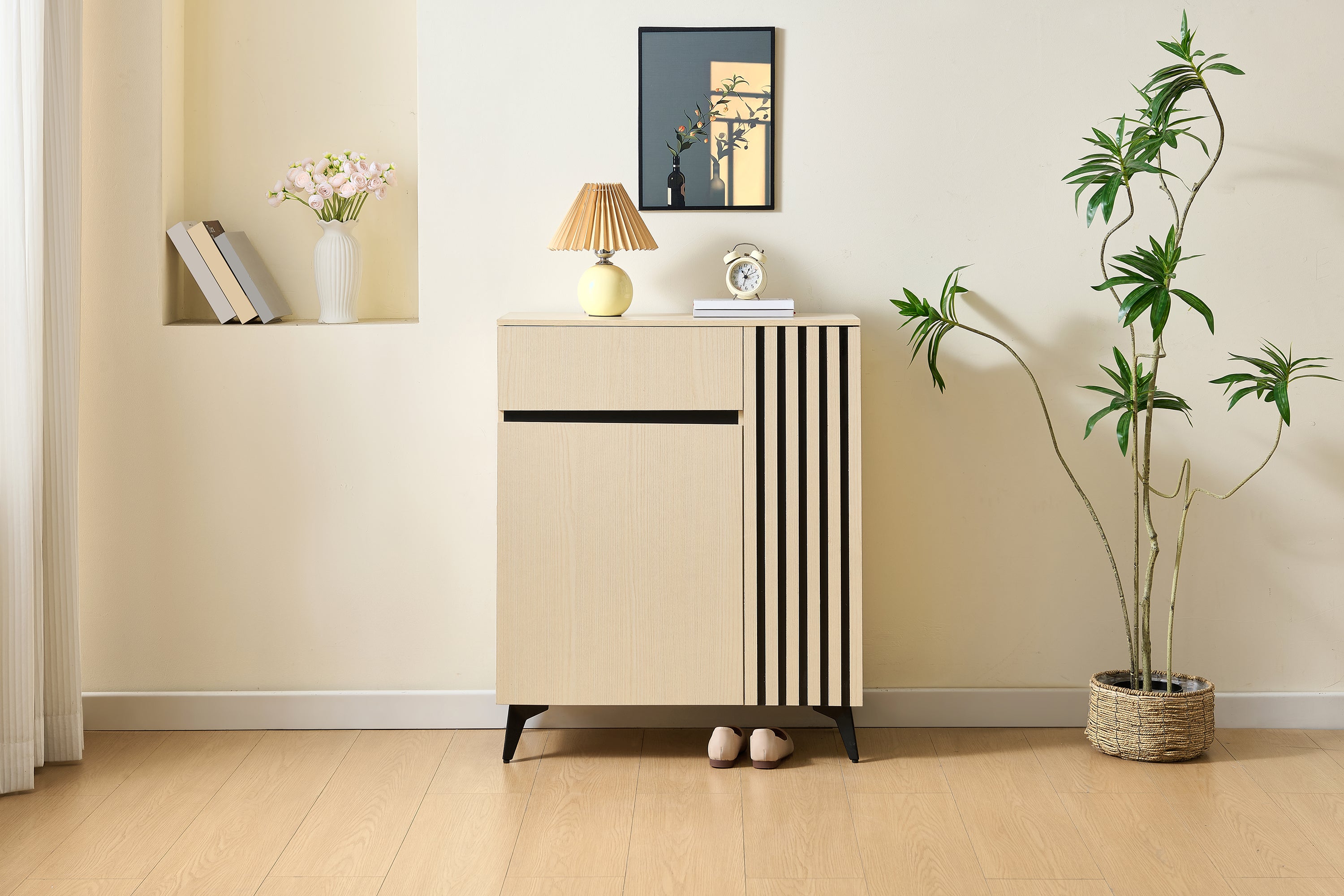 Sideboard/Shoe Cabinet with 2 Doors, 1 Drawer, Adjustable Shelves, Light Wood MDF